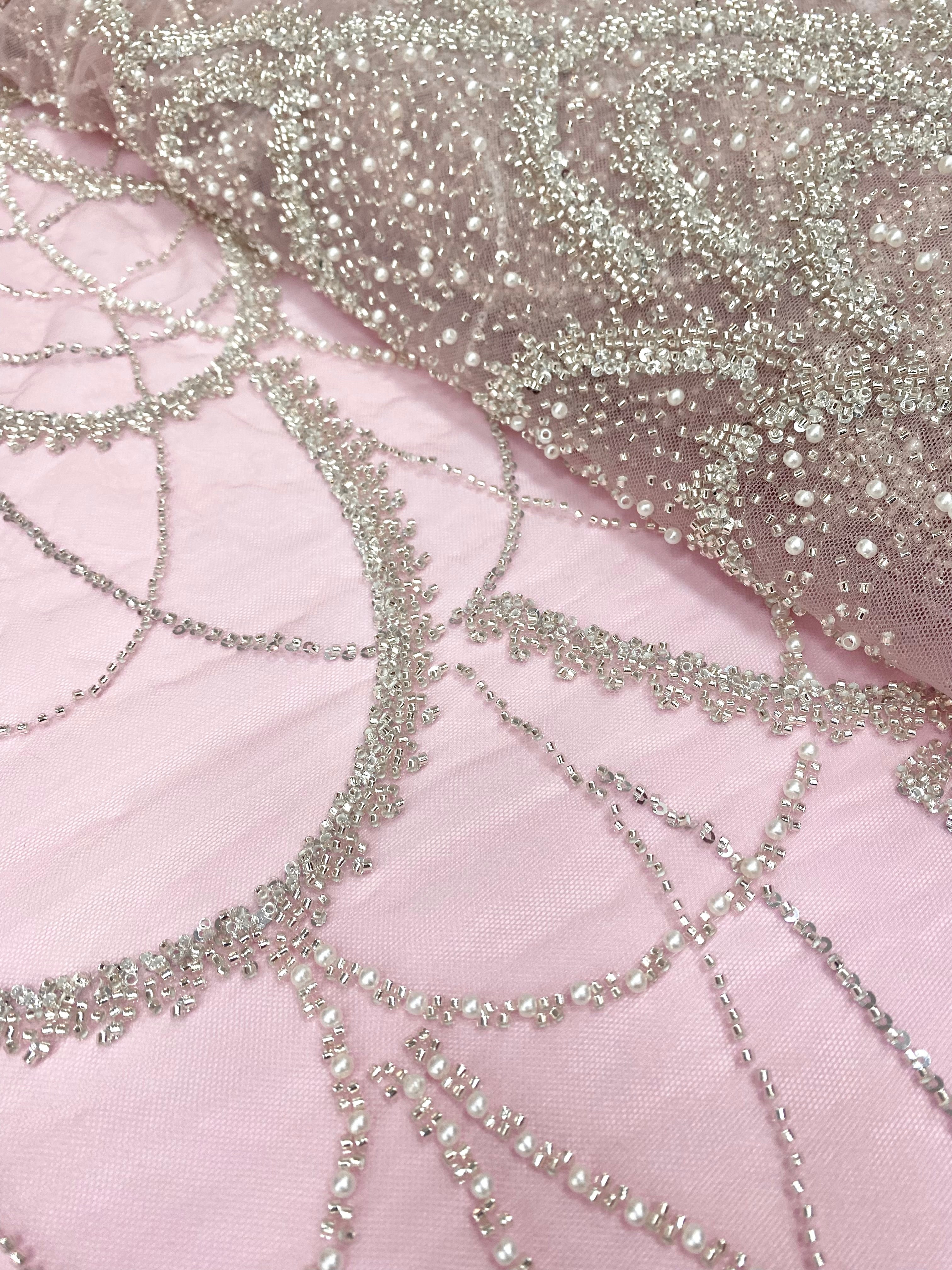 Silver Couture Lace on Pink Tulle with Geometric Pattern, with Pearls, Beads and Sequins