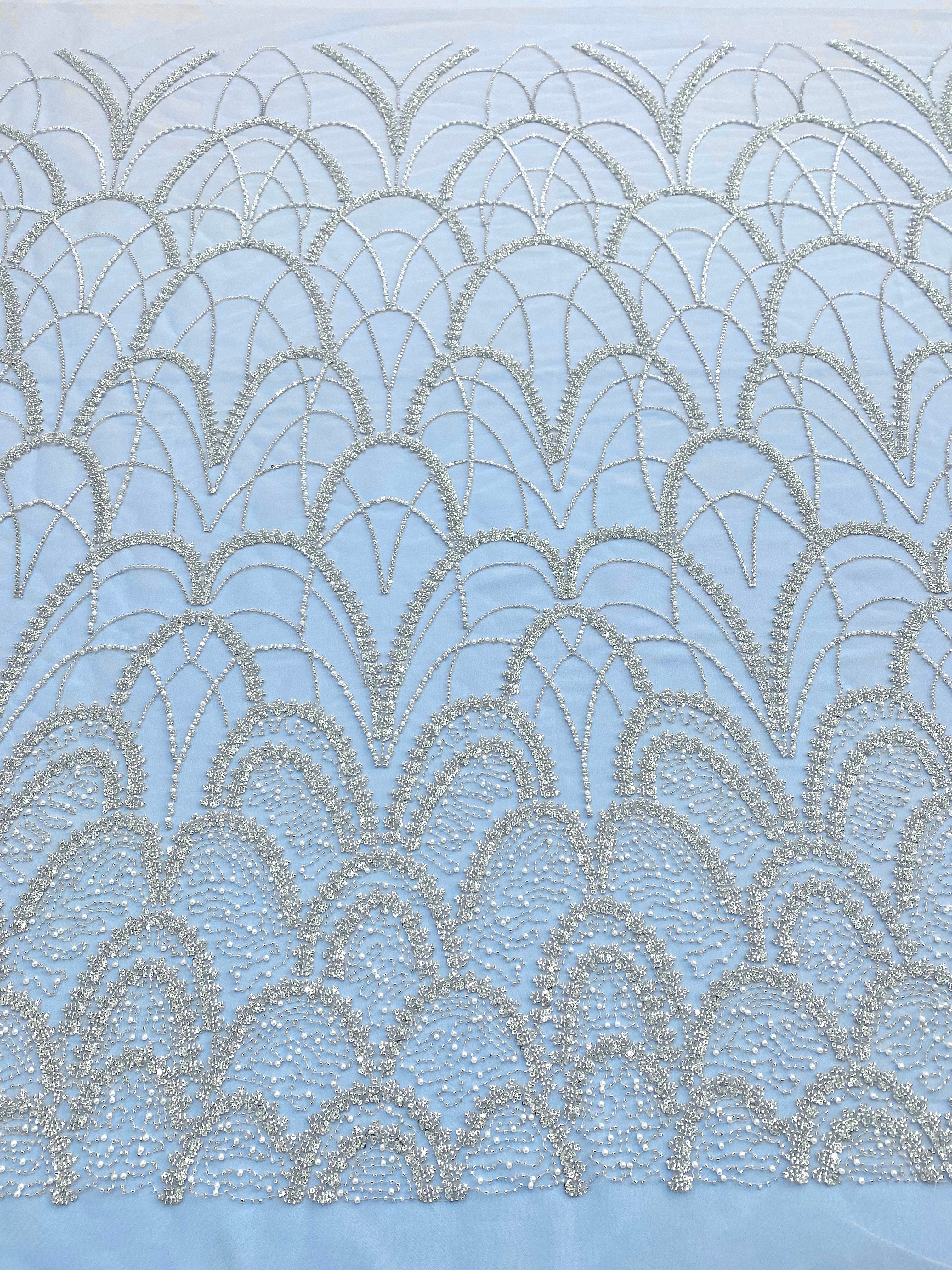 Dantela Couture Argintie pe Tulle Baby Blue cu Model Geometric, cu Perle, Margele Si Paiete