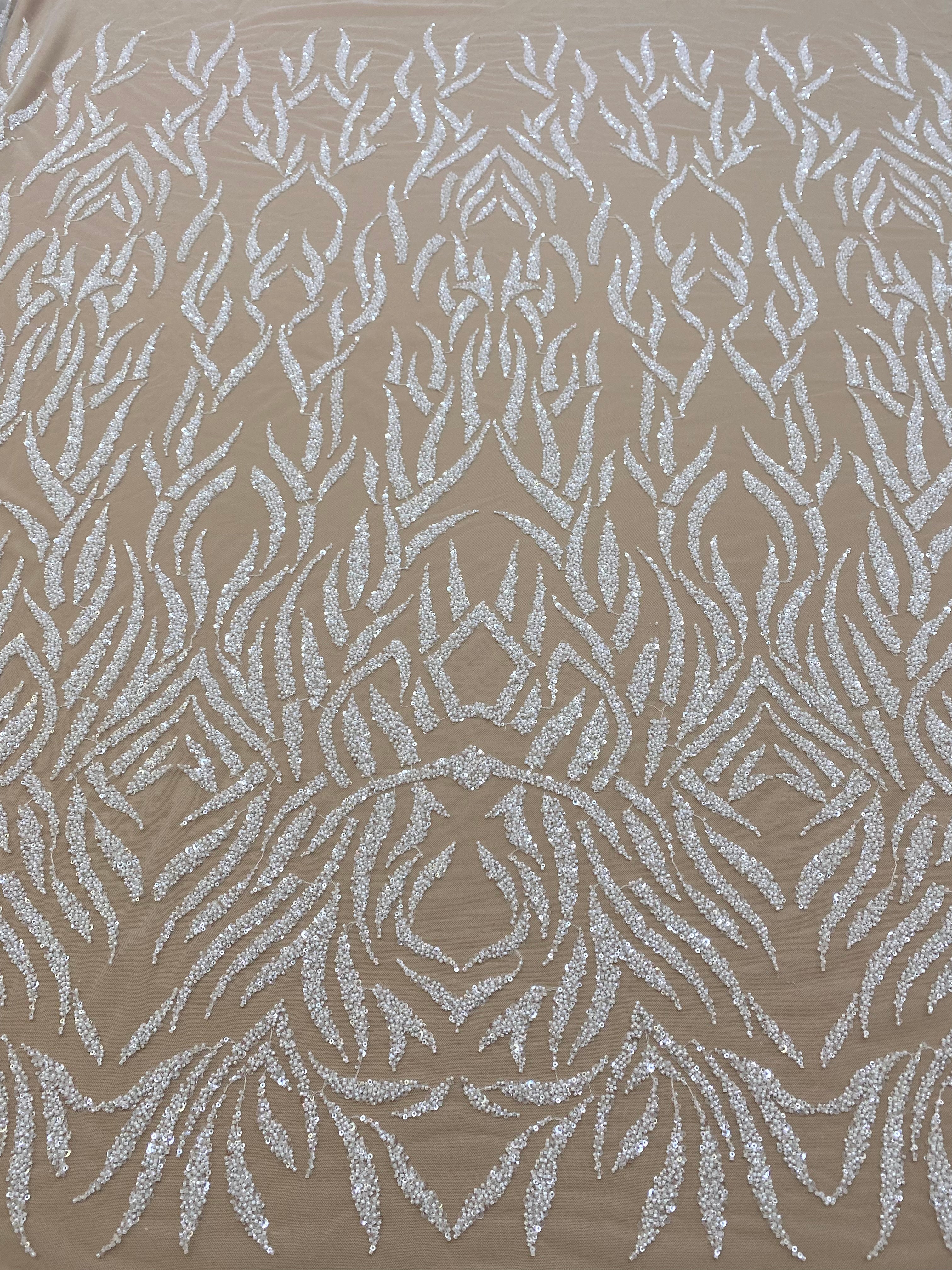 Ivory Couture Lace with Linear Pattern, Beads and Sequins