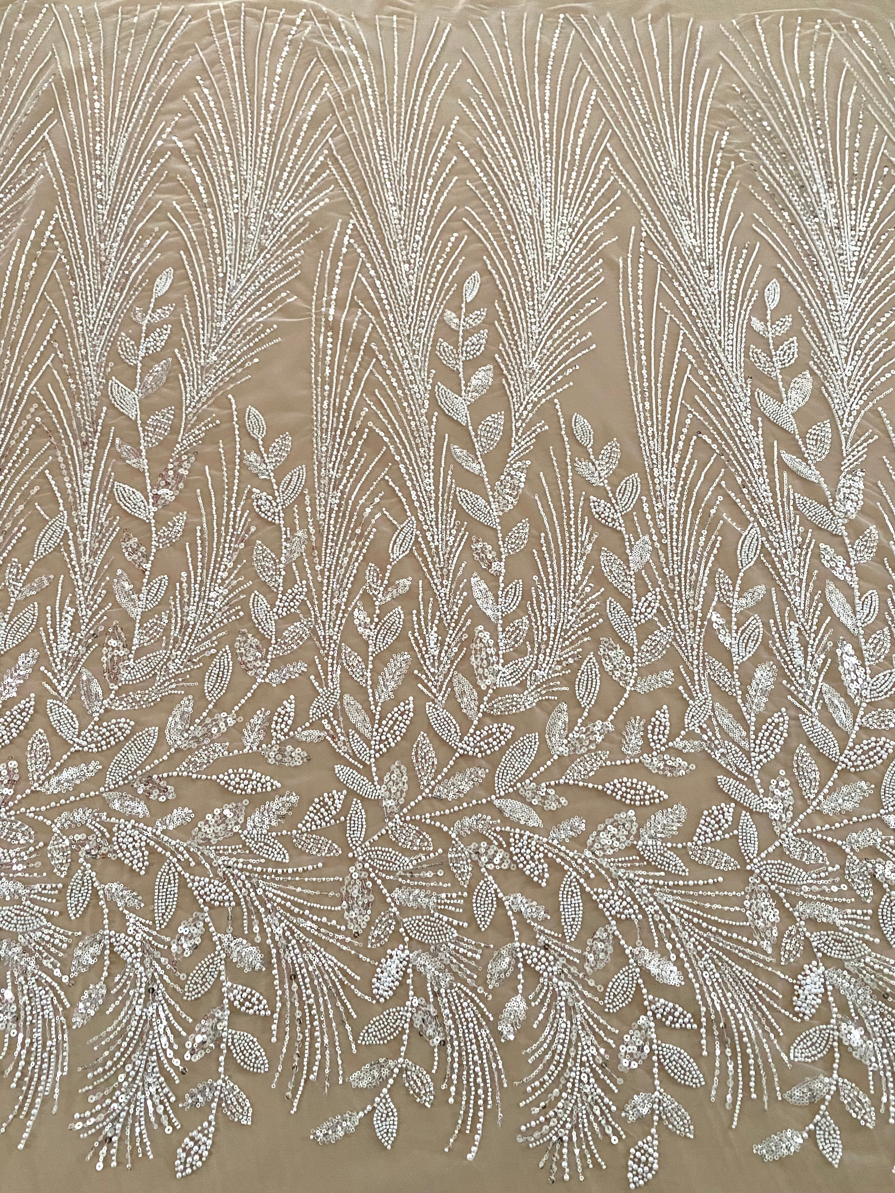 Dantela Couture Ivory cu Model Floral, cu Perle, Margele si Paiete