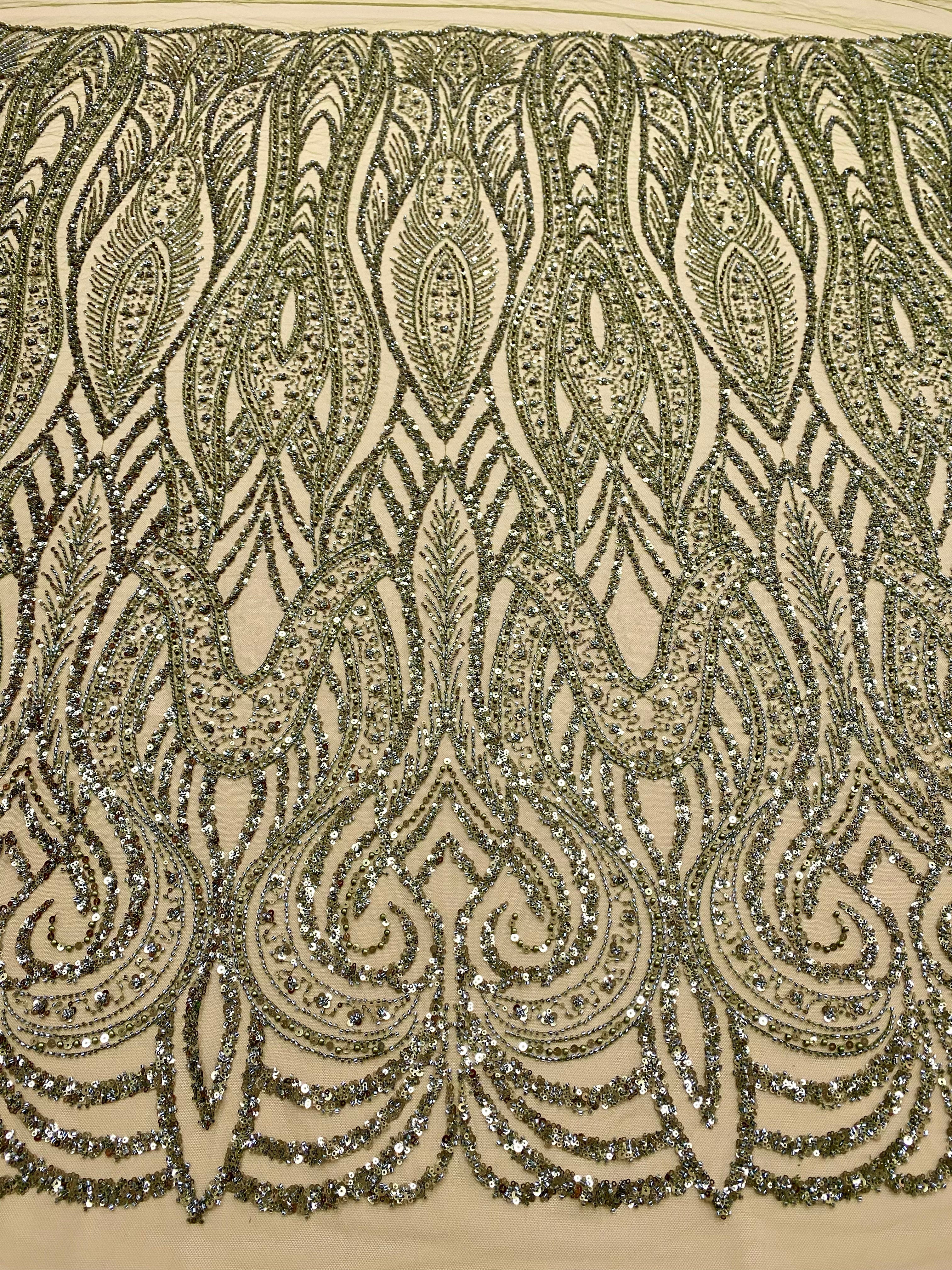 Dantela Couture Olive cu Model Geometric, cu Perle, Margele si Paiete