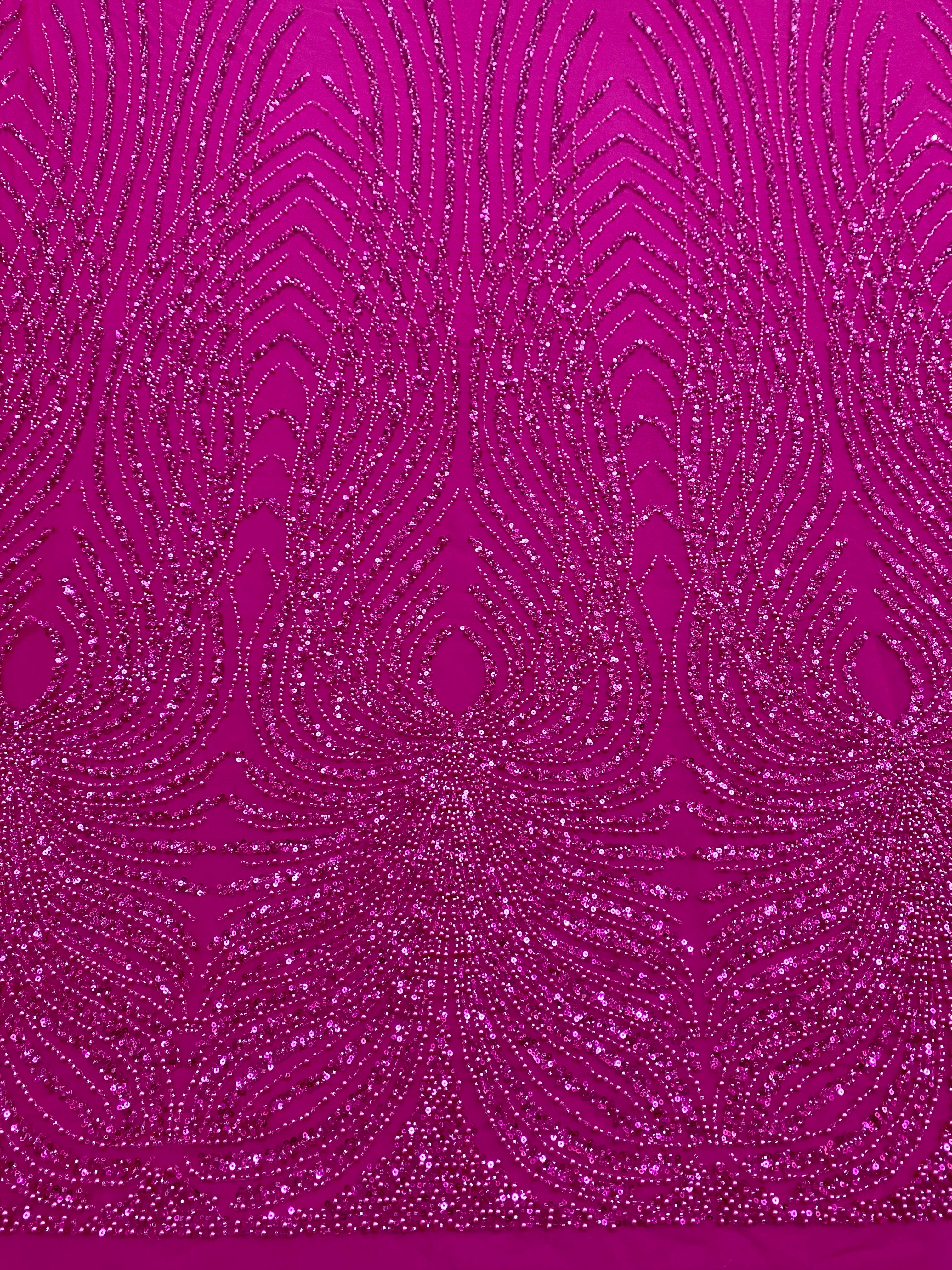 Dantela Couture Fucsia cu Panou, cu Perle, Margele si Paiete