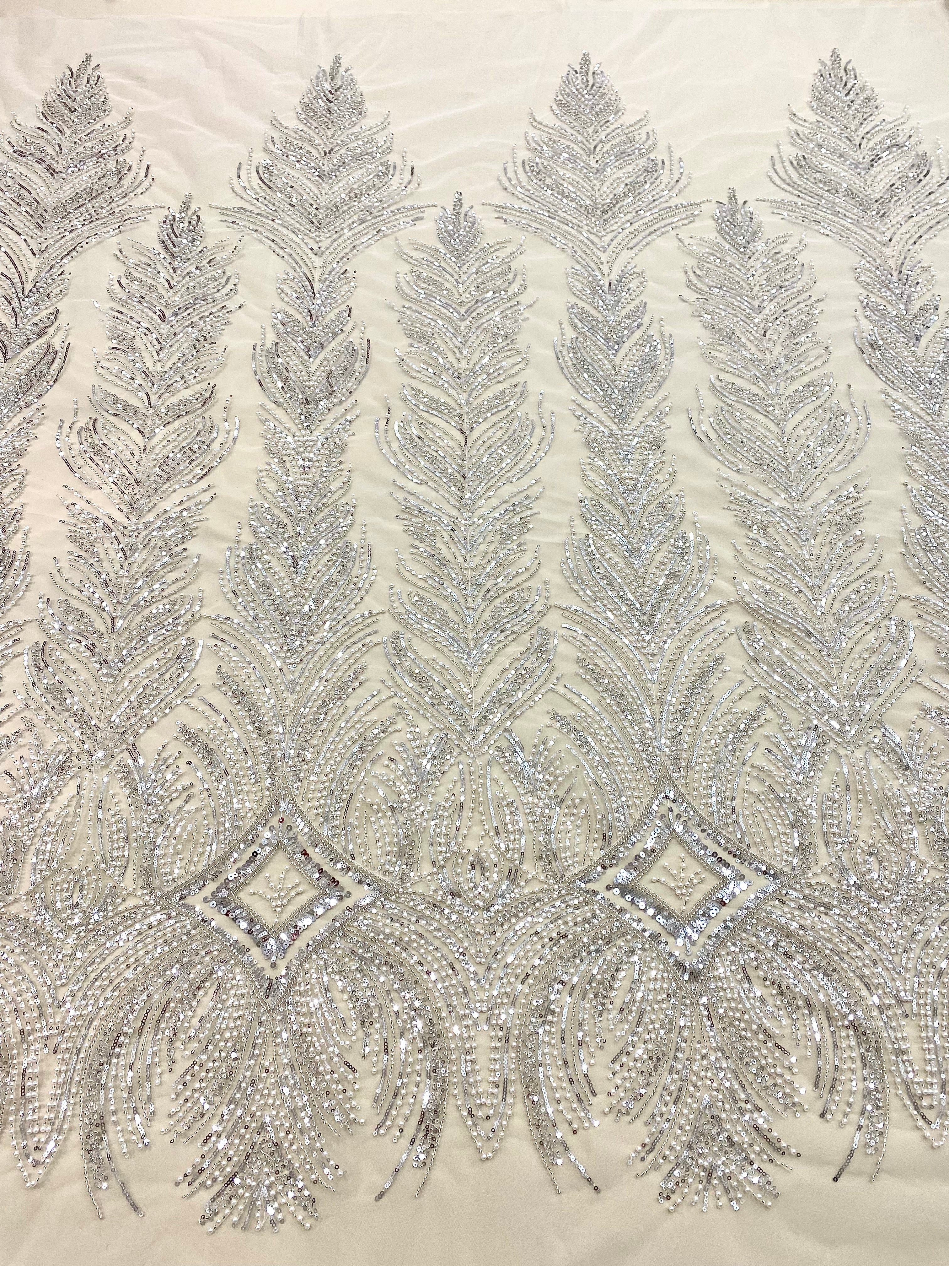 Silver Lace with Geometric Pattern, with Beads and Sequins