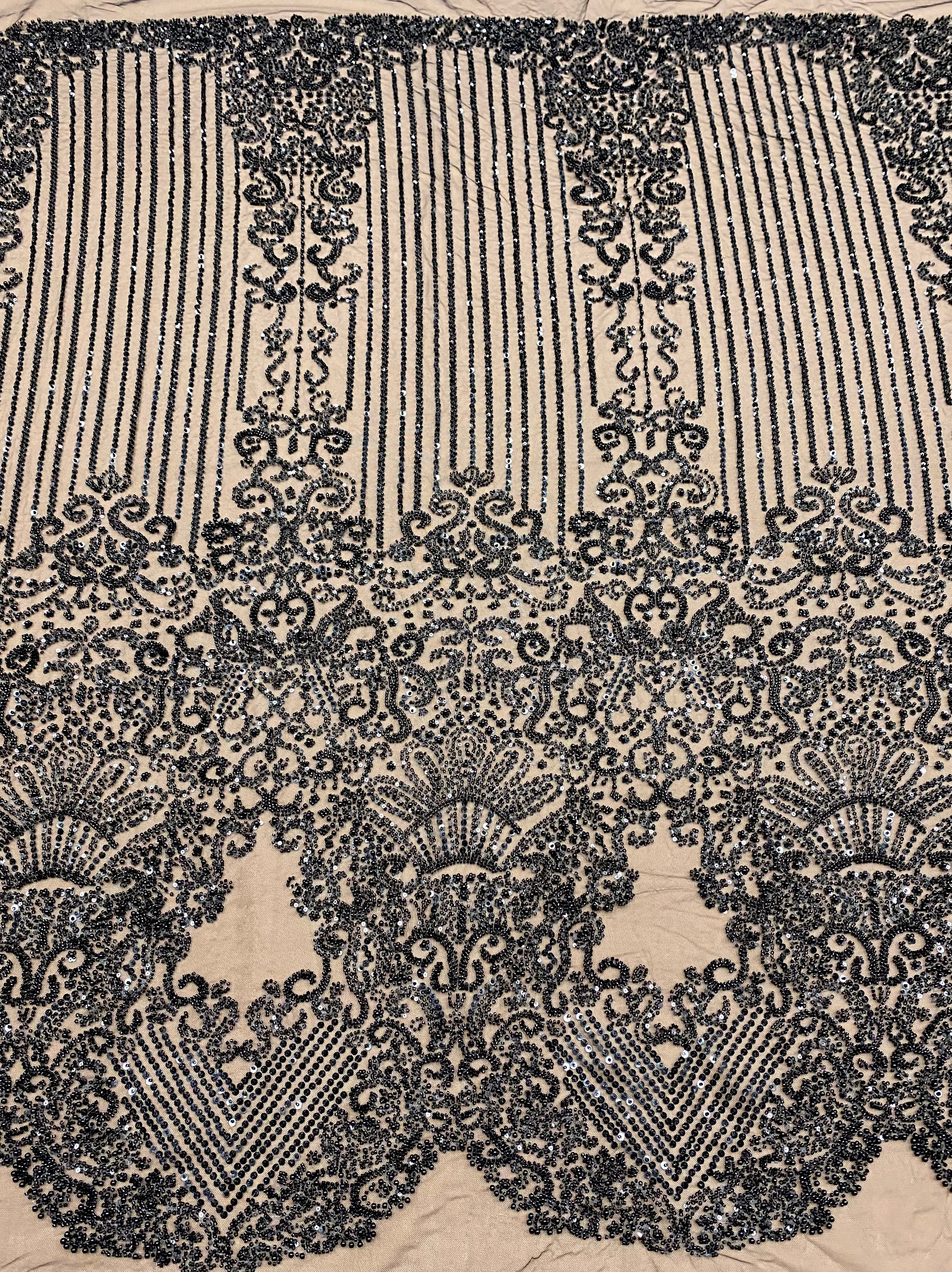 Cupon 1.30 m din Dantela Couture Neagra cu Model Geometric, cu Perle, Margele si Paiete