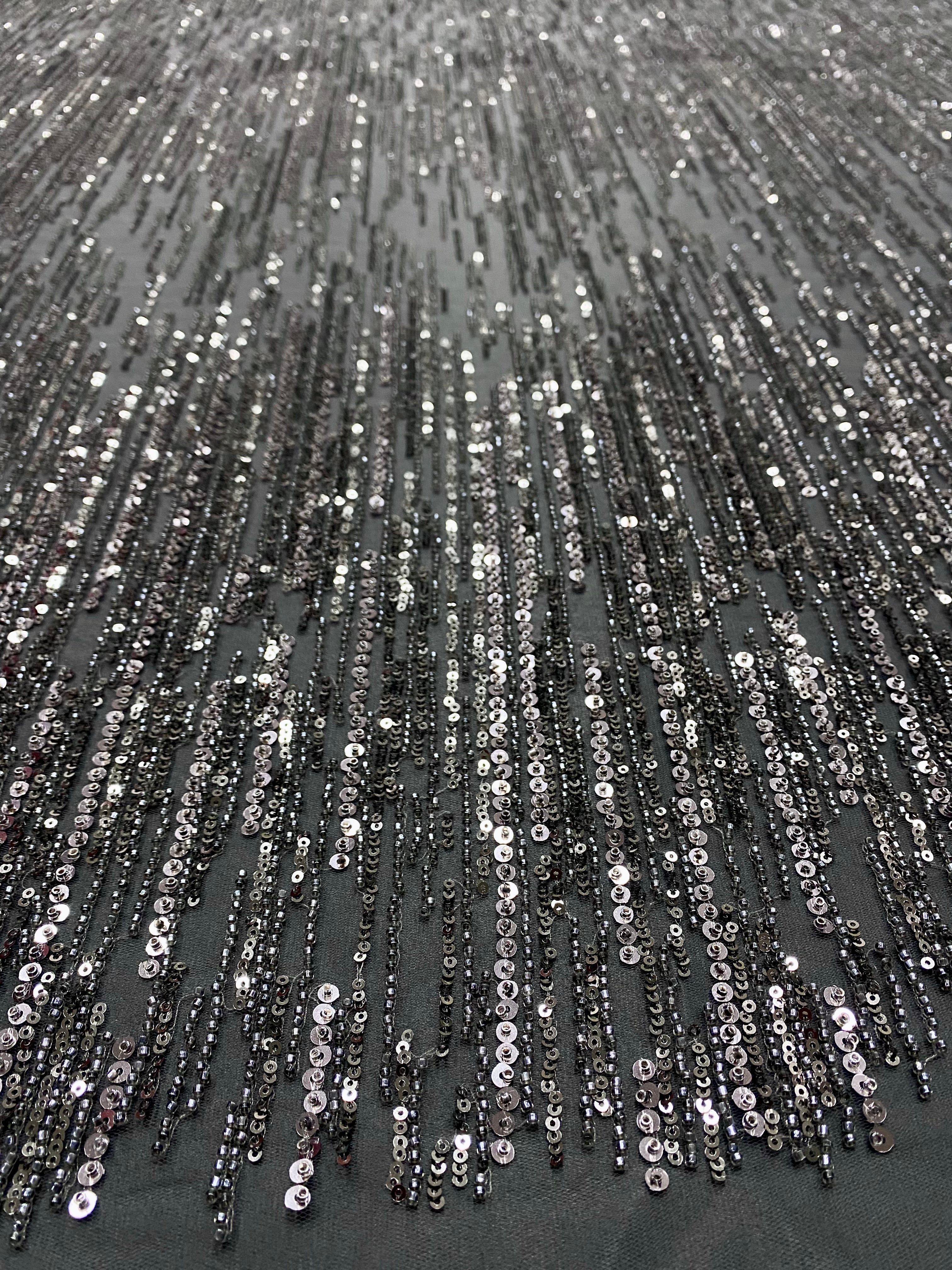 Black Lace with Linear Pattern, with Pearls and Sequins