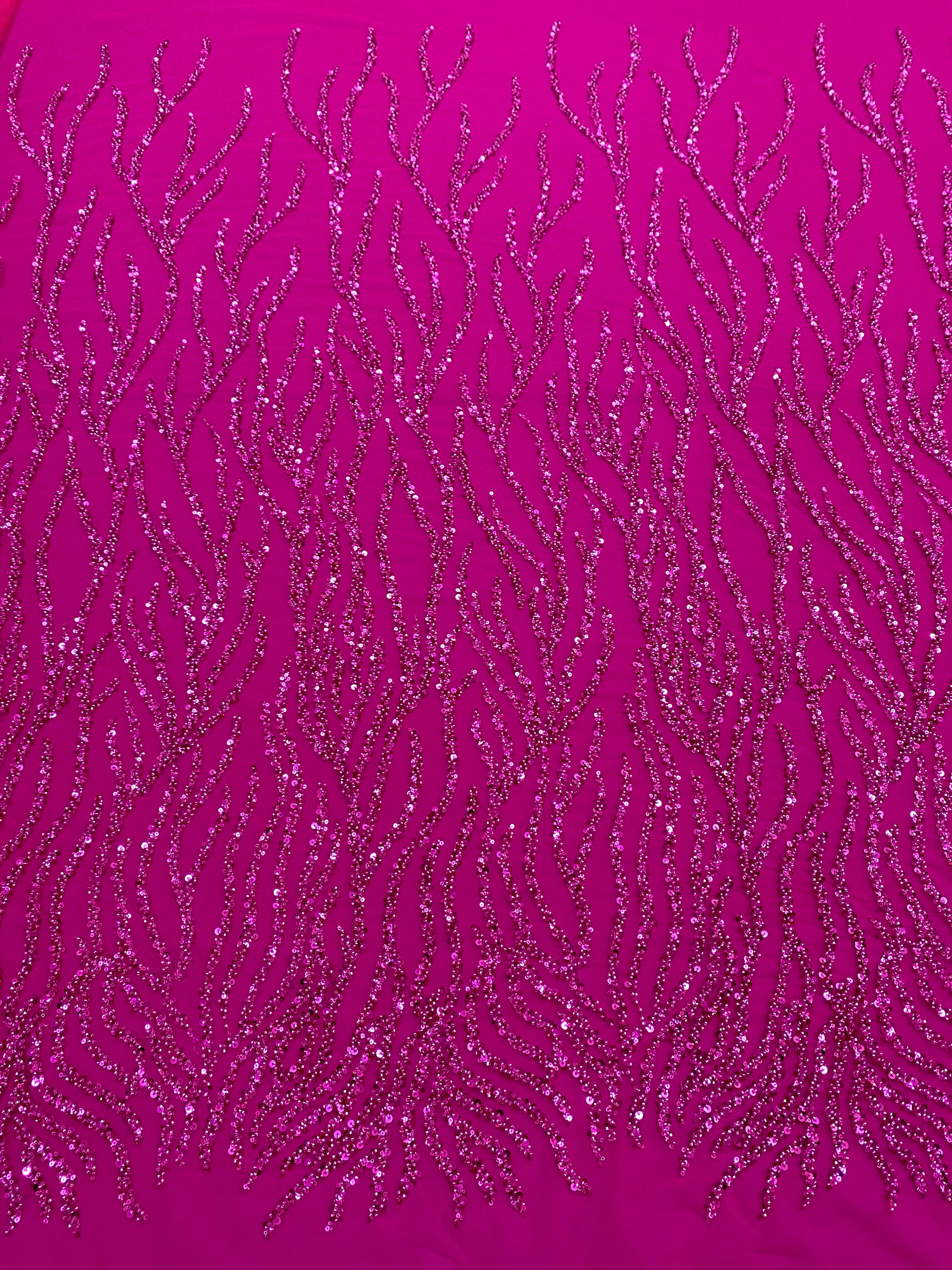 Dantela Couture Fucsia cu Siraguri, cu Margele si Paiete