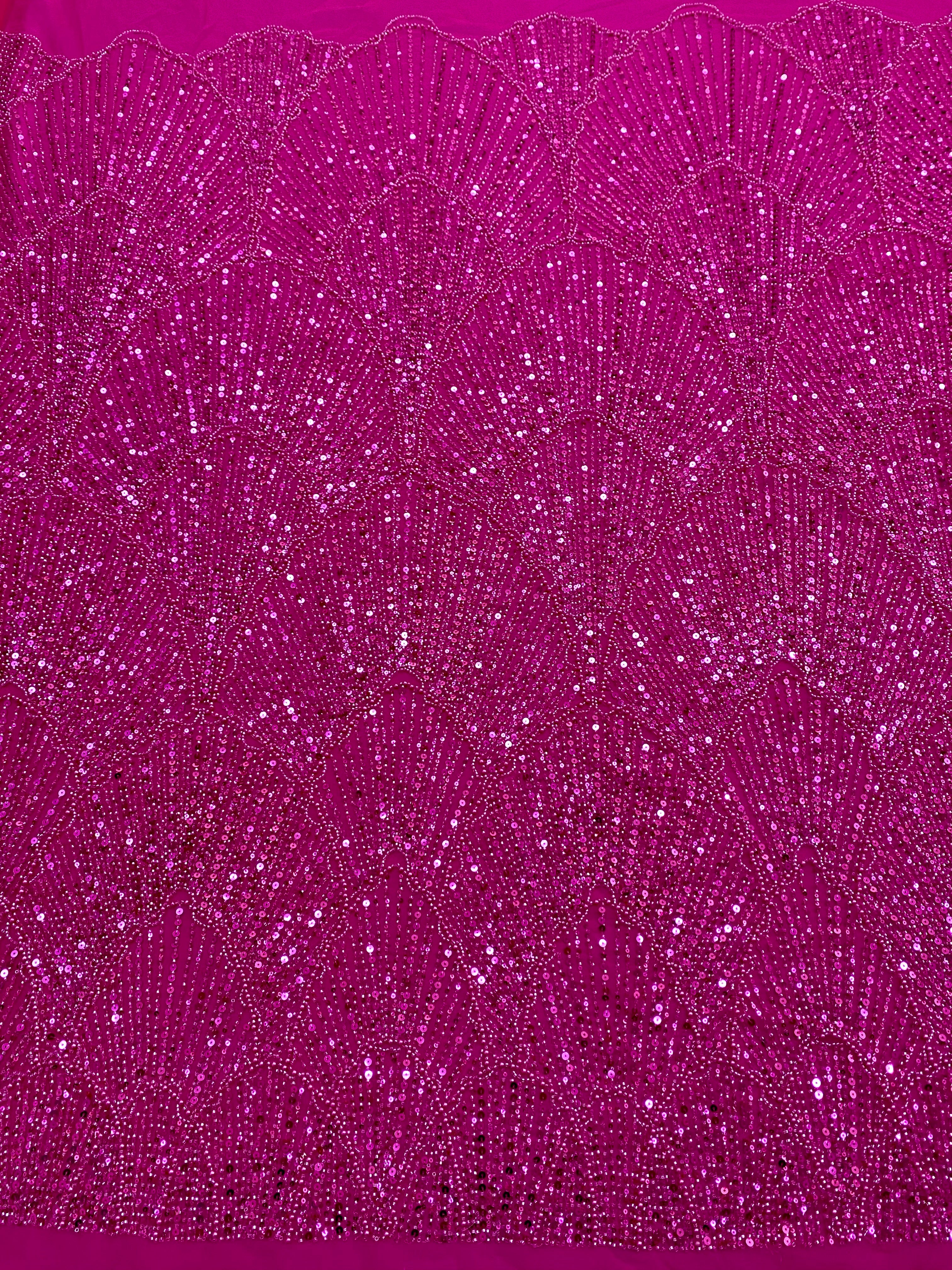 Dantela Couture Fucsia cu Model Geometric, cu Perle, Margele si Paiete