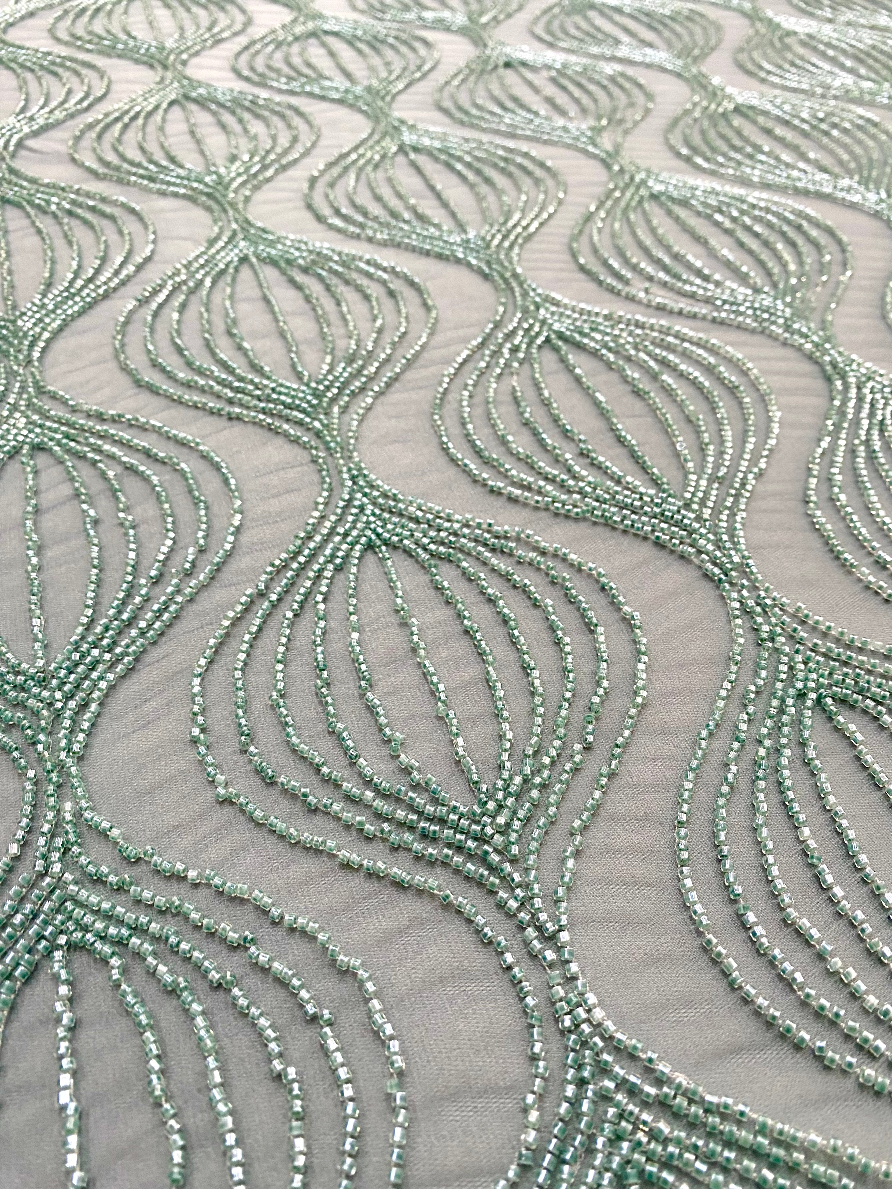 Dantela Couture Verde Ou de Rata cu Model Geometric, cu Margele