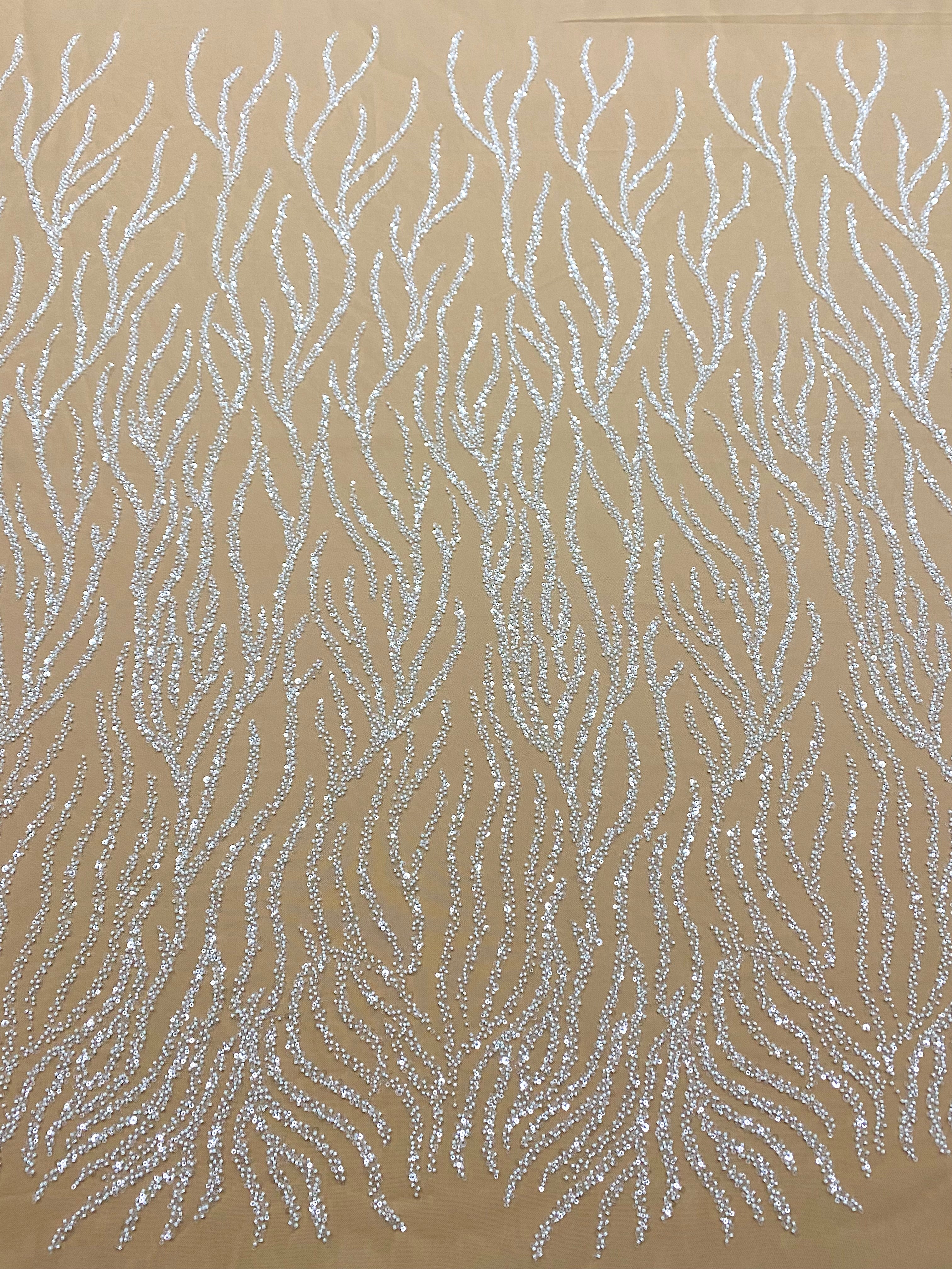 Dantela Couture Ivory pe Tulle Nude cu Siraguri, cu Margele si Paiete