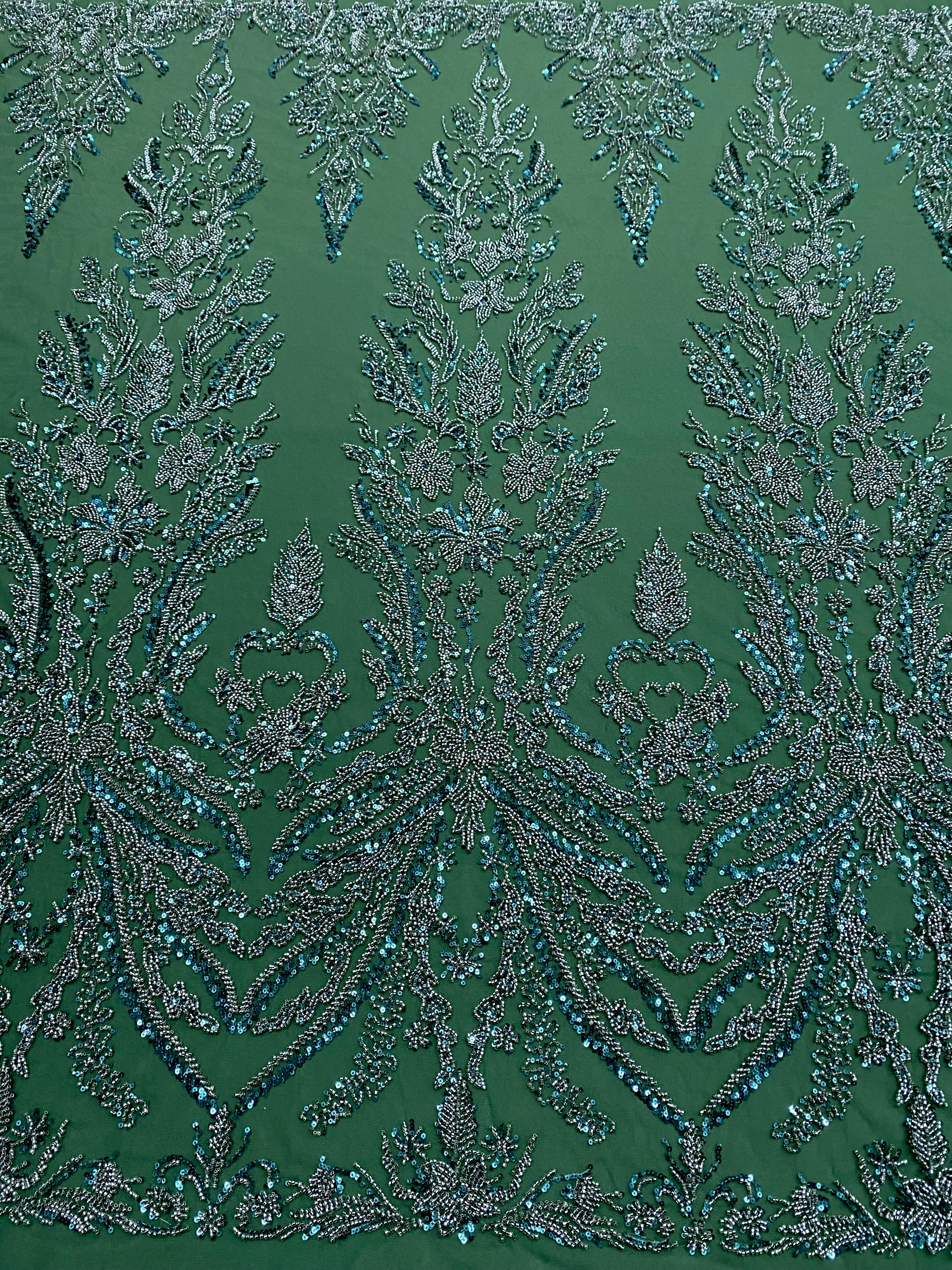 Dantela Couture Verde Smarald cu Model Floral, cu Margele si Paiete