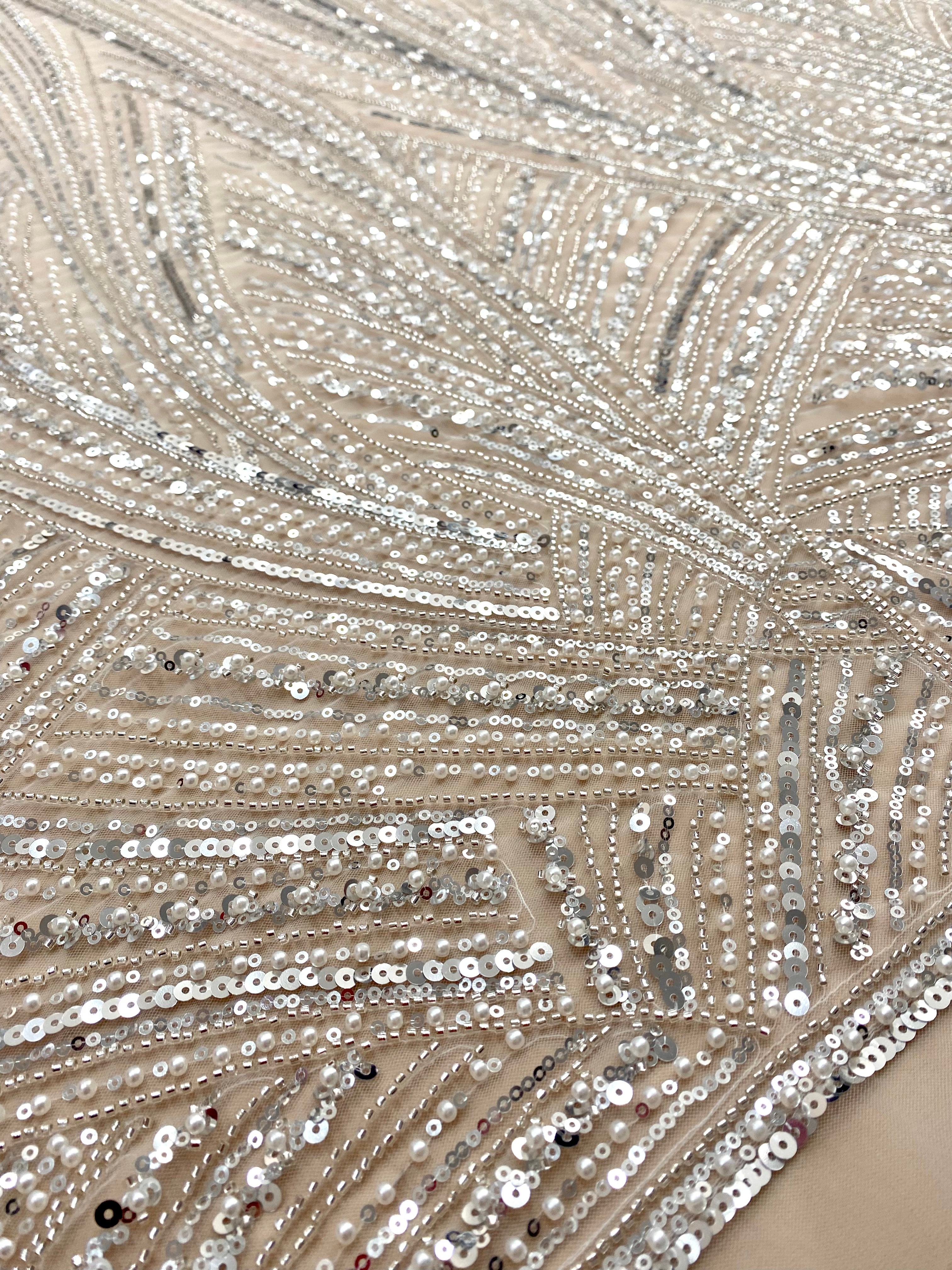 Silver Lace with Geometric Pattern, with Beads and Sequins