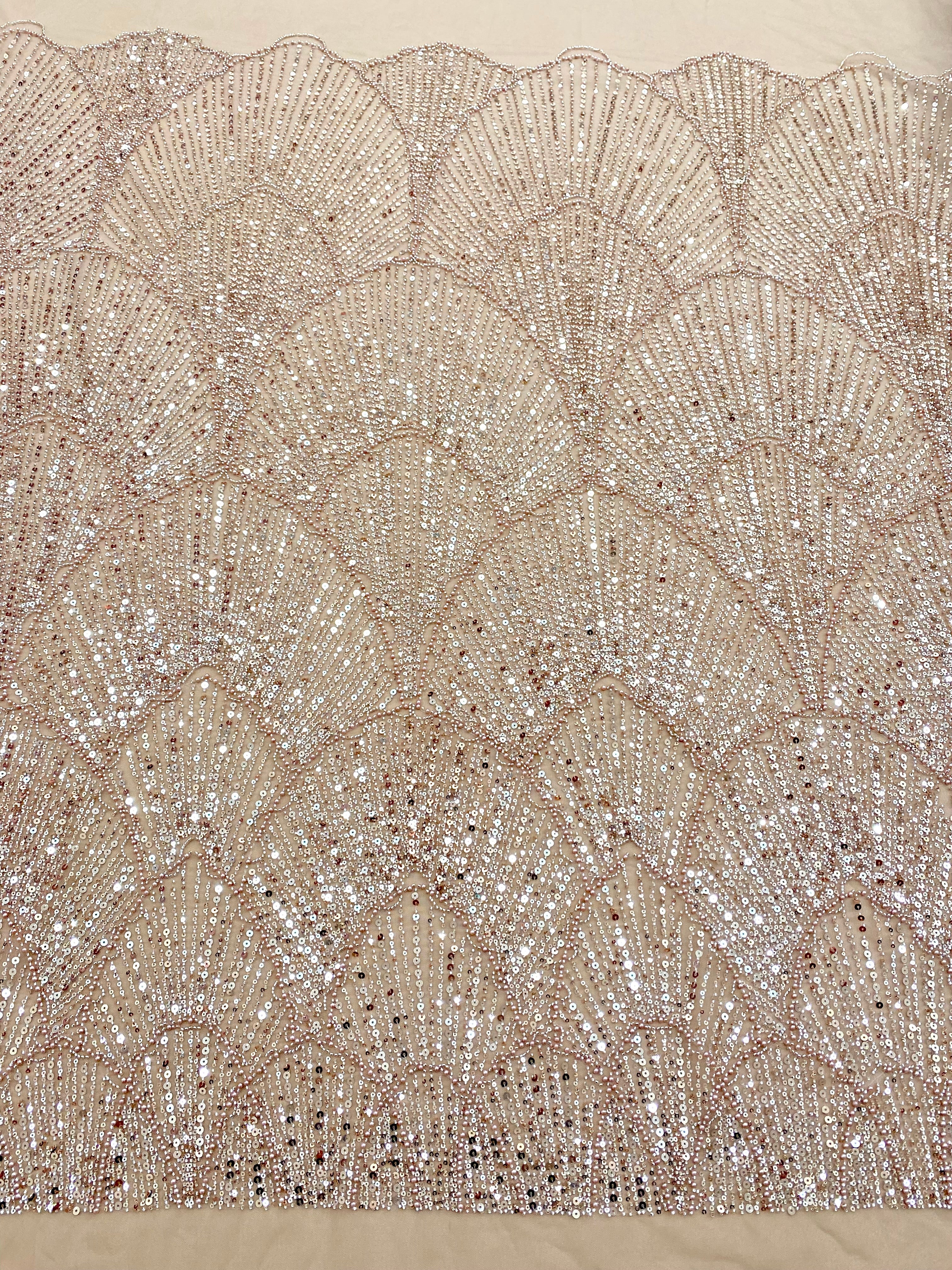Dantela Couture Auriu Rose cu Model Geometric, cu Perle, Margele si Paiete