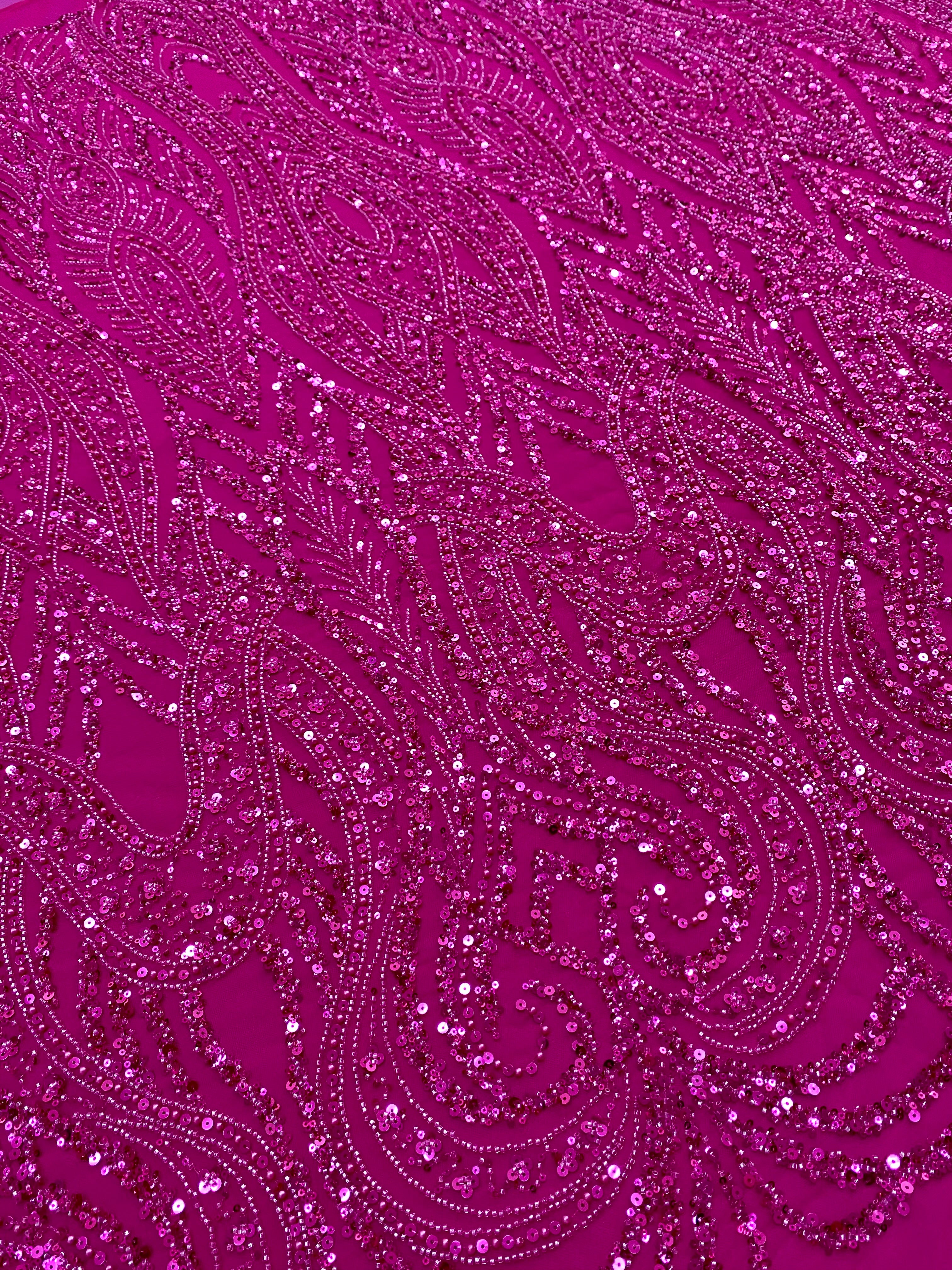 Dantela Couture Fucsia cu Model Geometric, cu Perle, Margele si Paiete