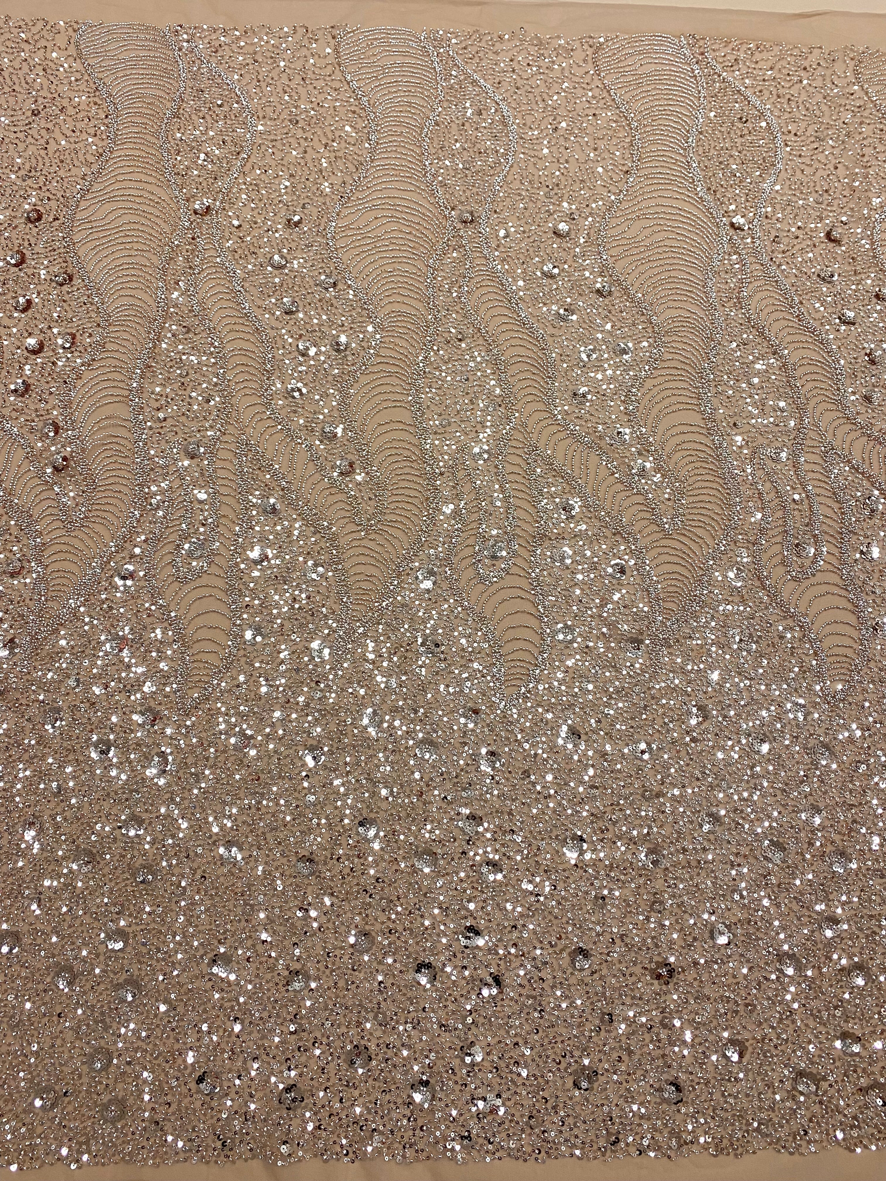 Rose Gold Couture Lace with Geometric and Floral Pattern, with Beads and Sequins