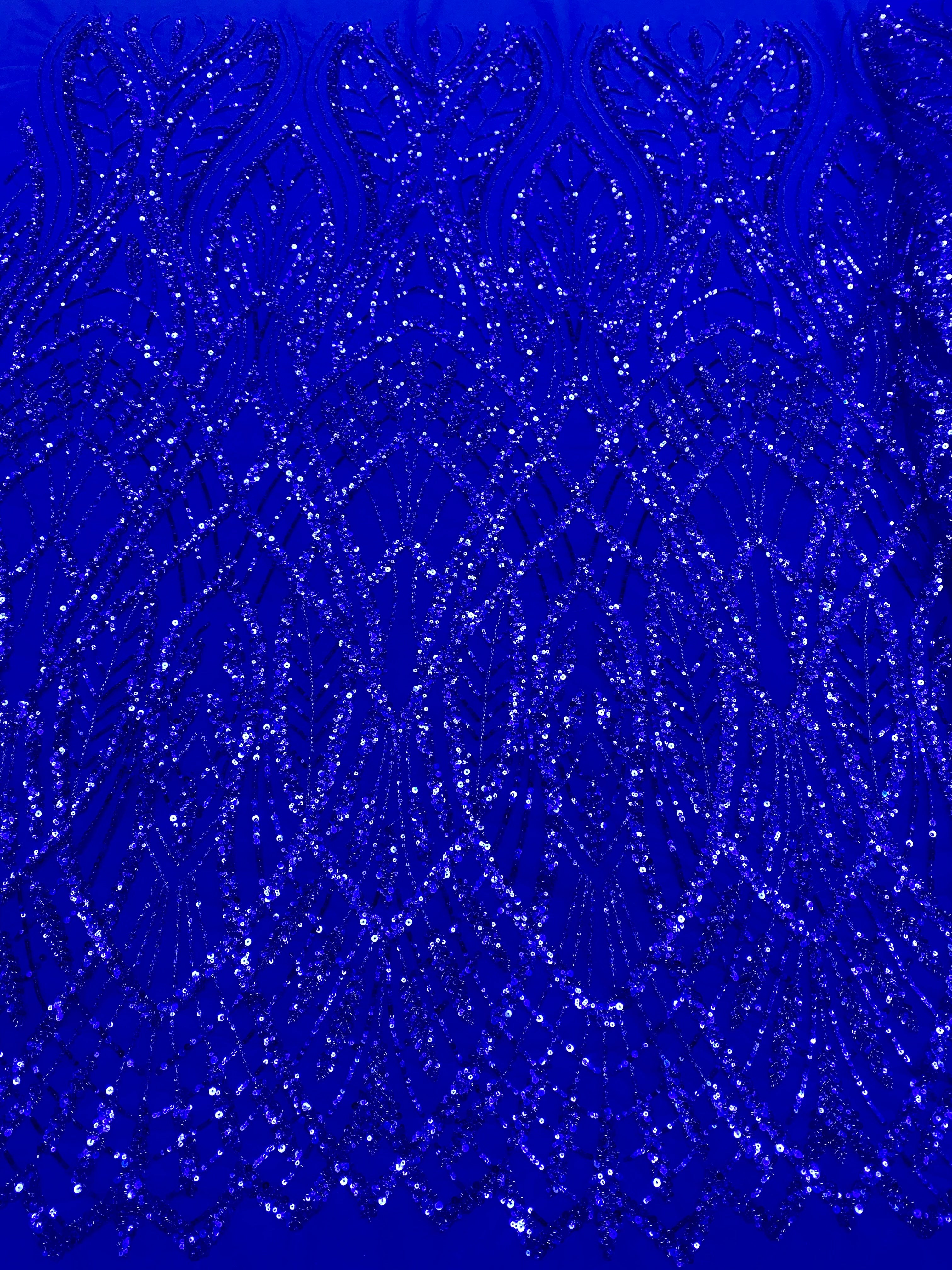 Dantela Couture Albastru Royal cu Model Geometric, cu Margele si Paiete