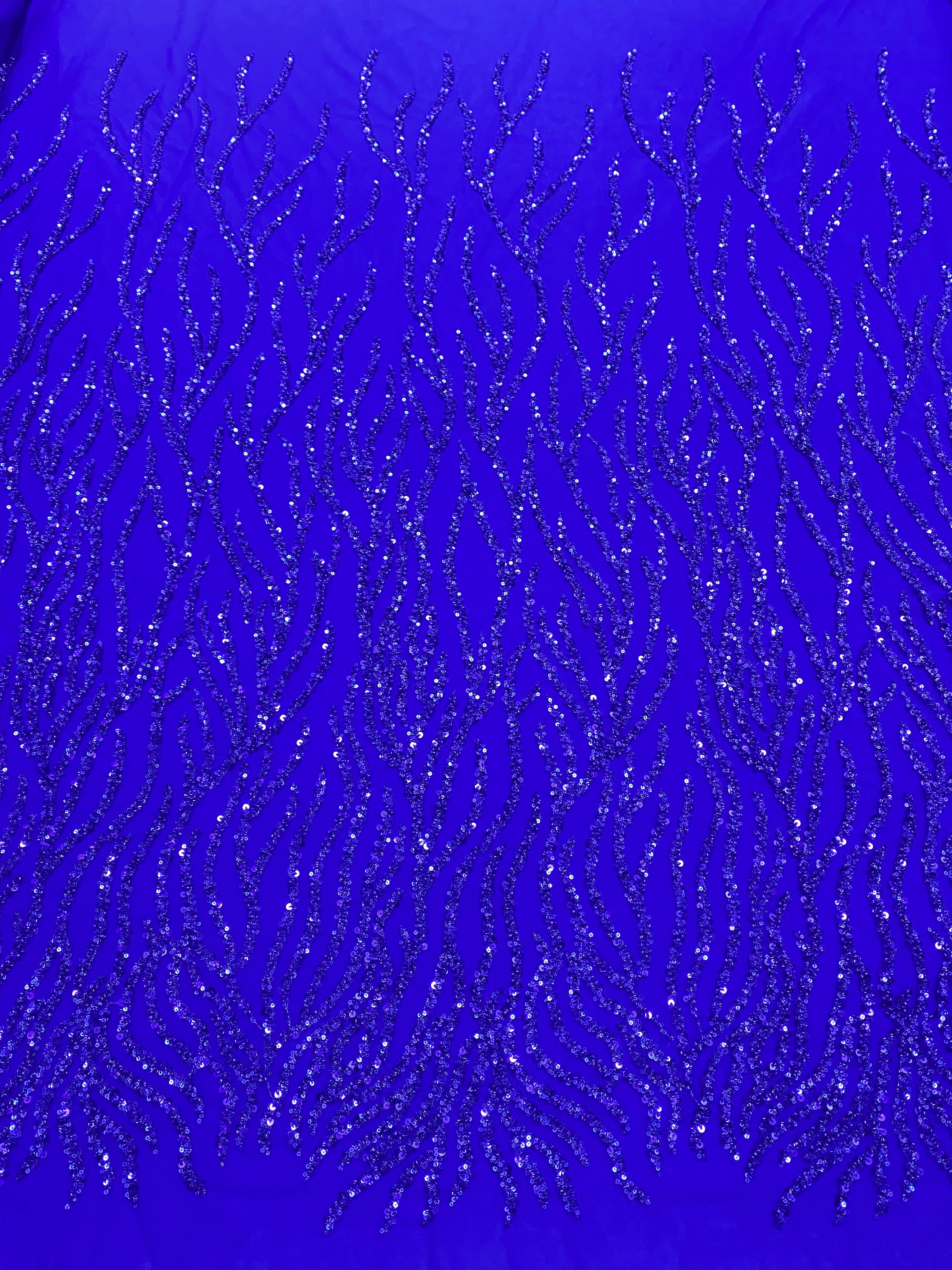 Cupon 1.65 m din Dantela Couture Albastru Royal cu Siraguri, cu Margele si Paiete