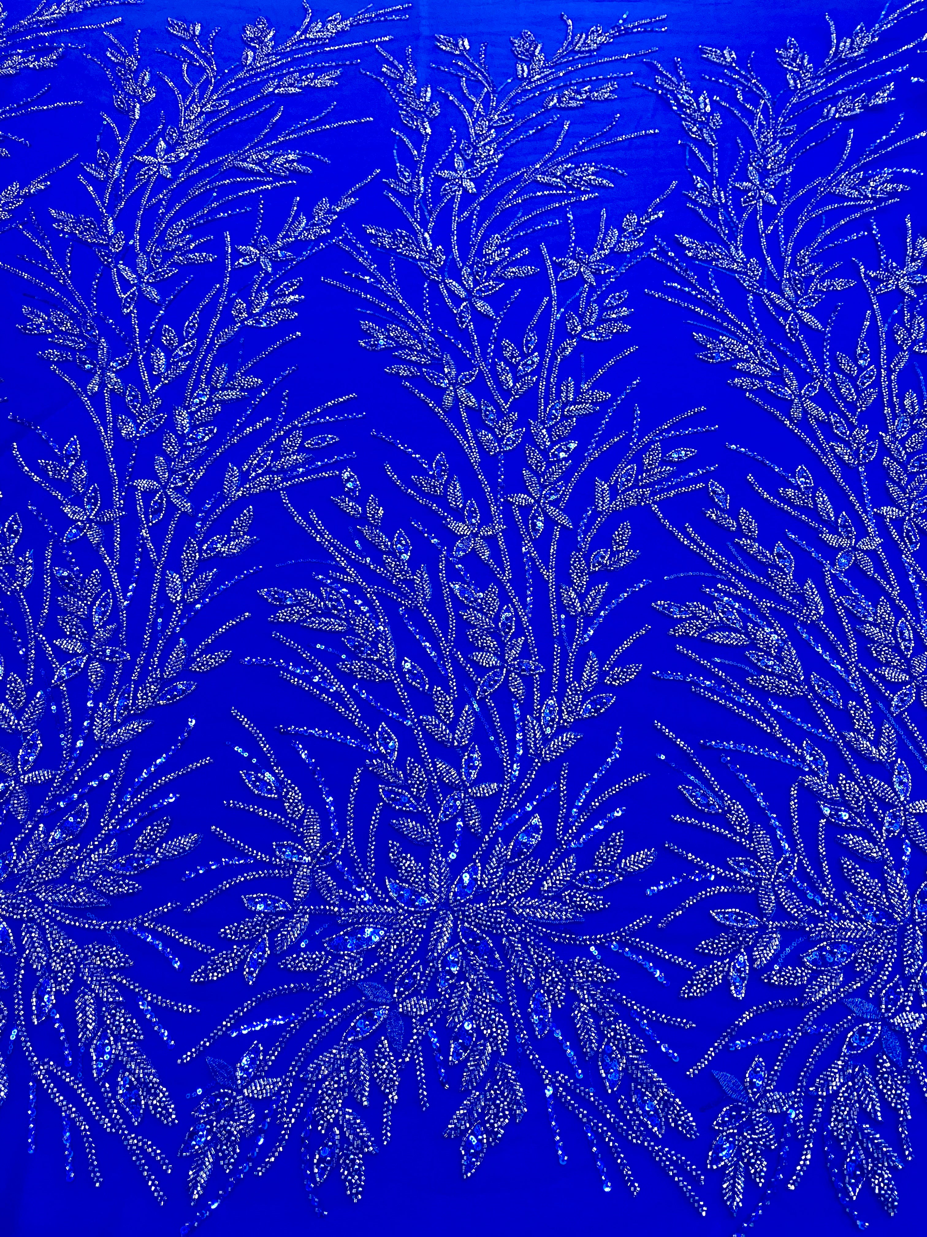Dantela Couture Albastru Royal cu Model Floral, Perle, Margele si Paiete
