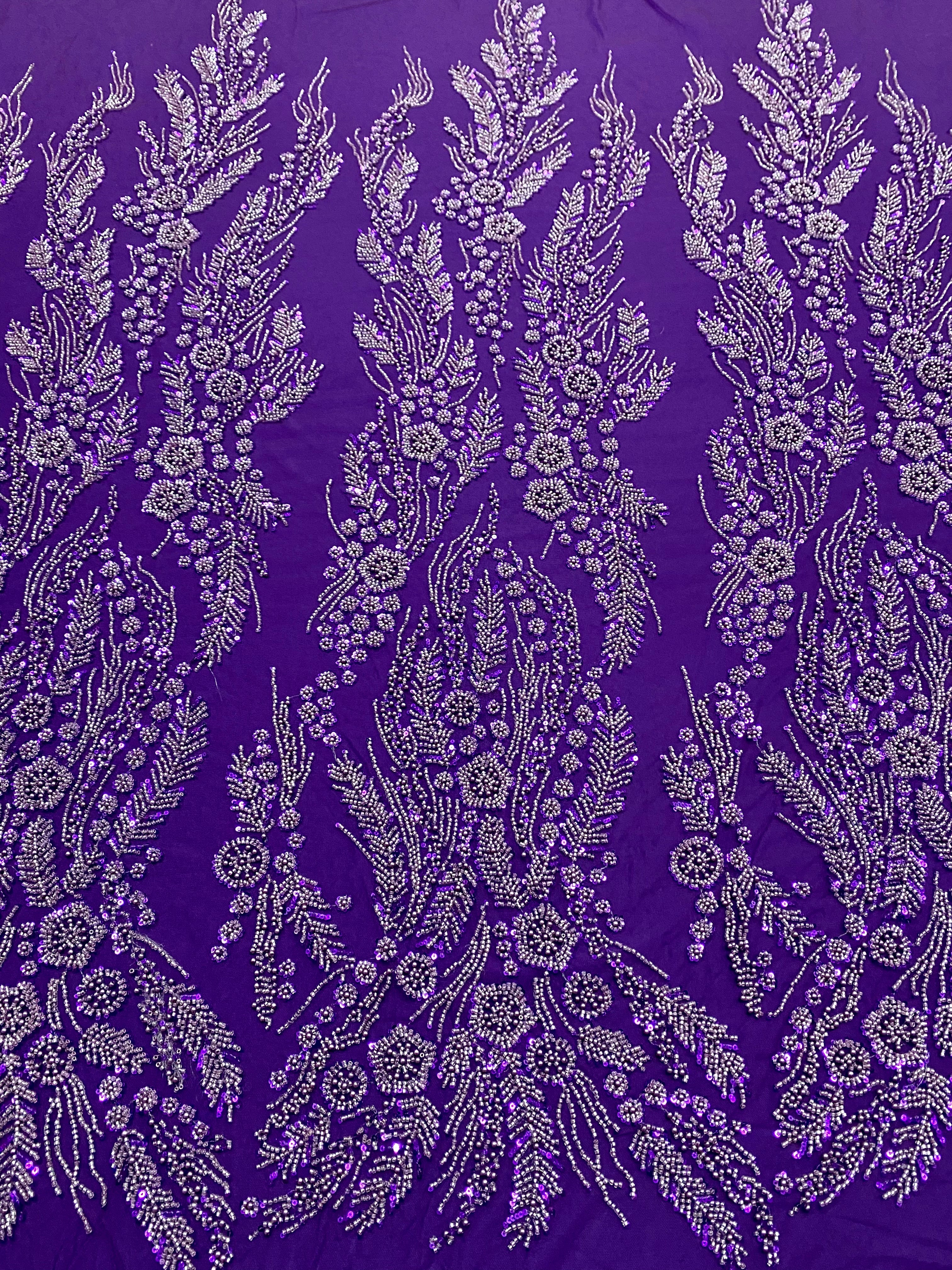 Dantela Couture Mov Inchis cu Model Floral, Perle, Margele si Paiete