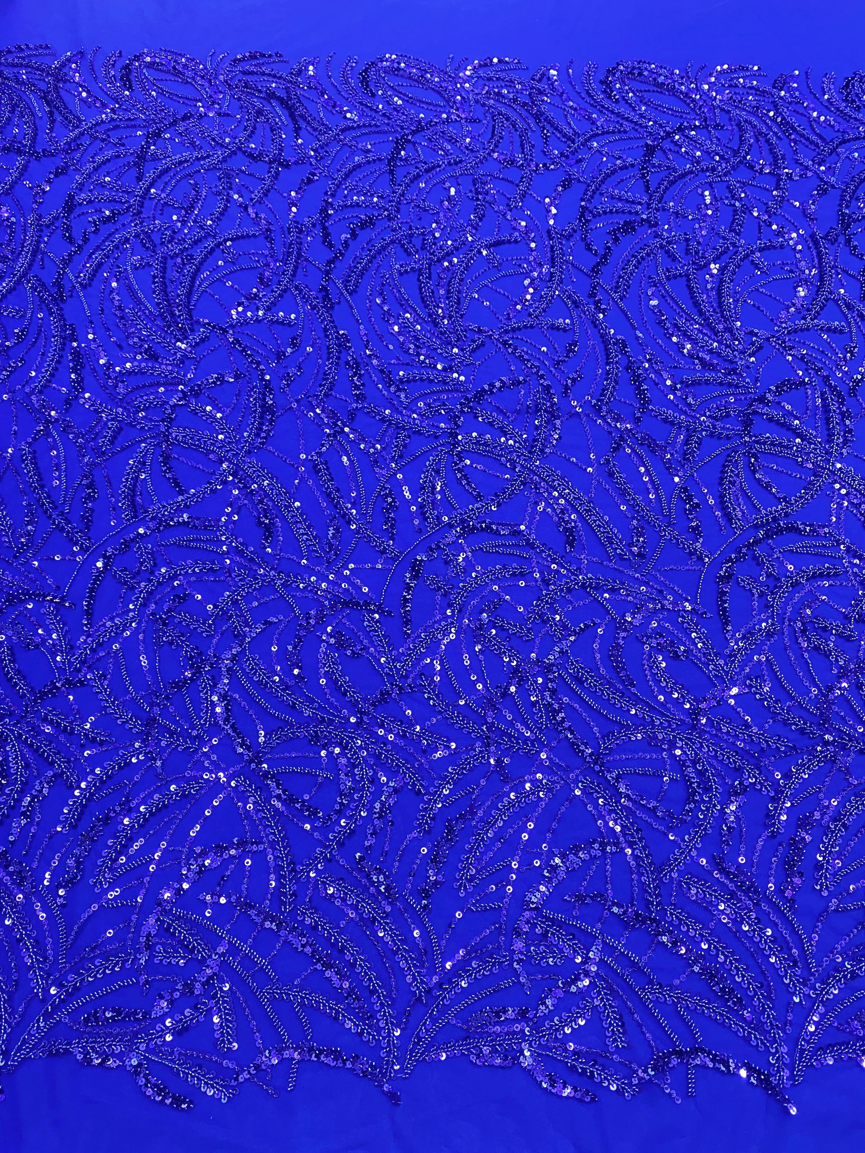 Dantela Couture Albastru Royal cu Model Geometric, Margele si Paiete