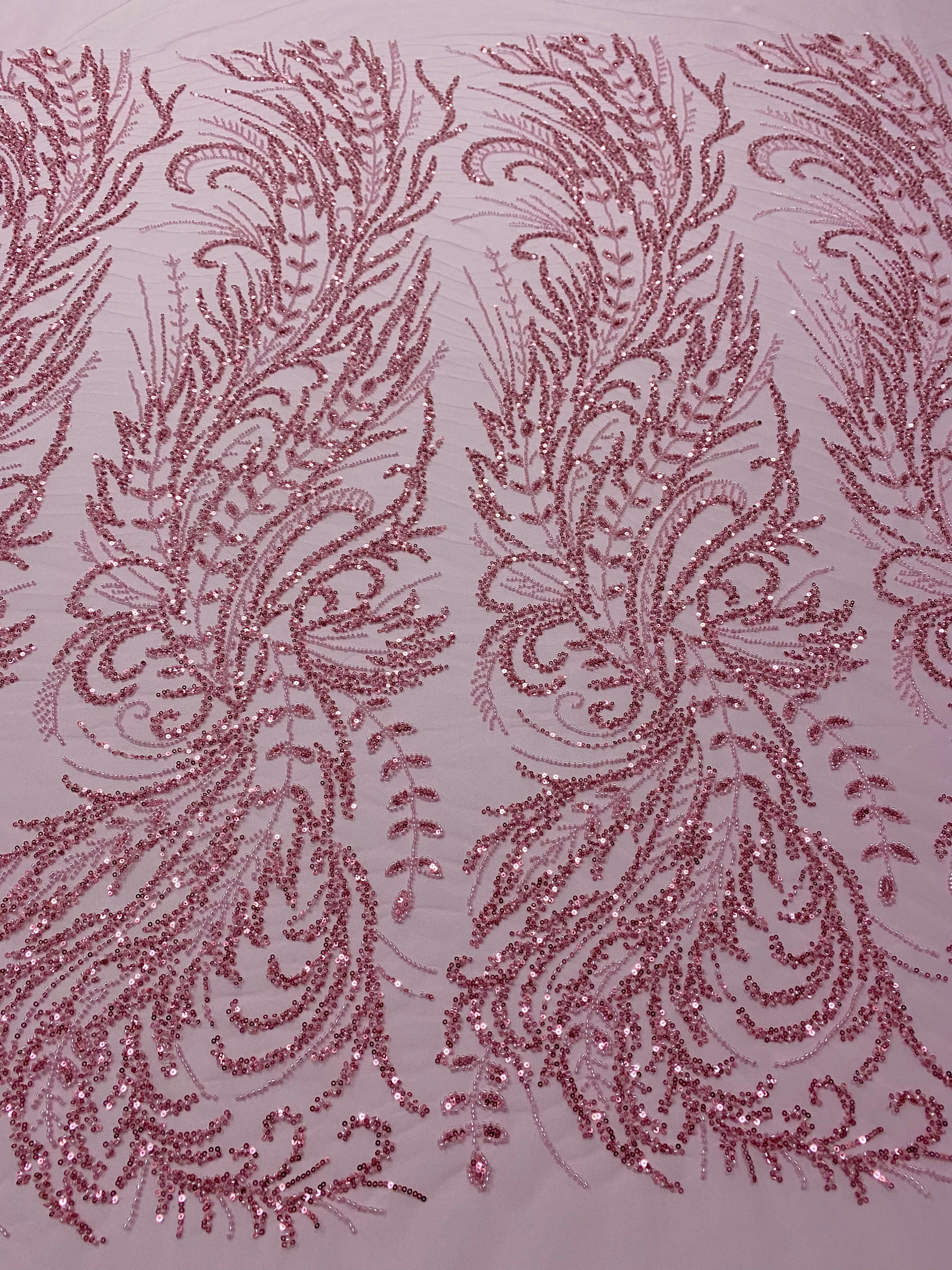 Pink Couture Lace with Floral Pattern, with Beads and Sequins