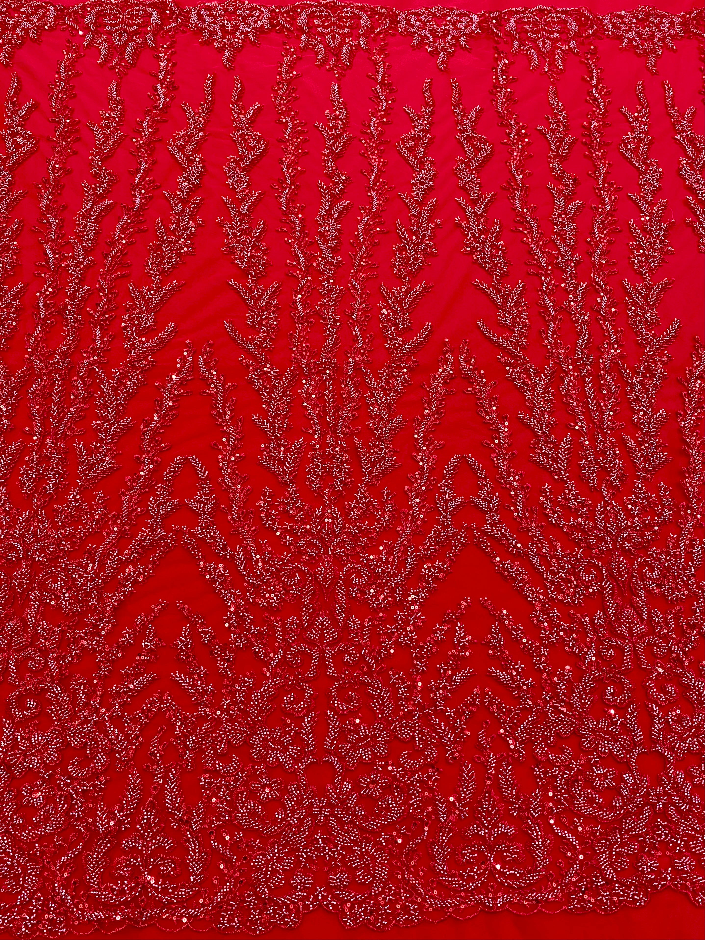 Red Couture Lace with Geometric Pattern, Beads and Sequins