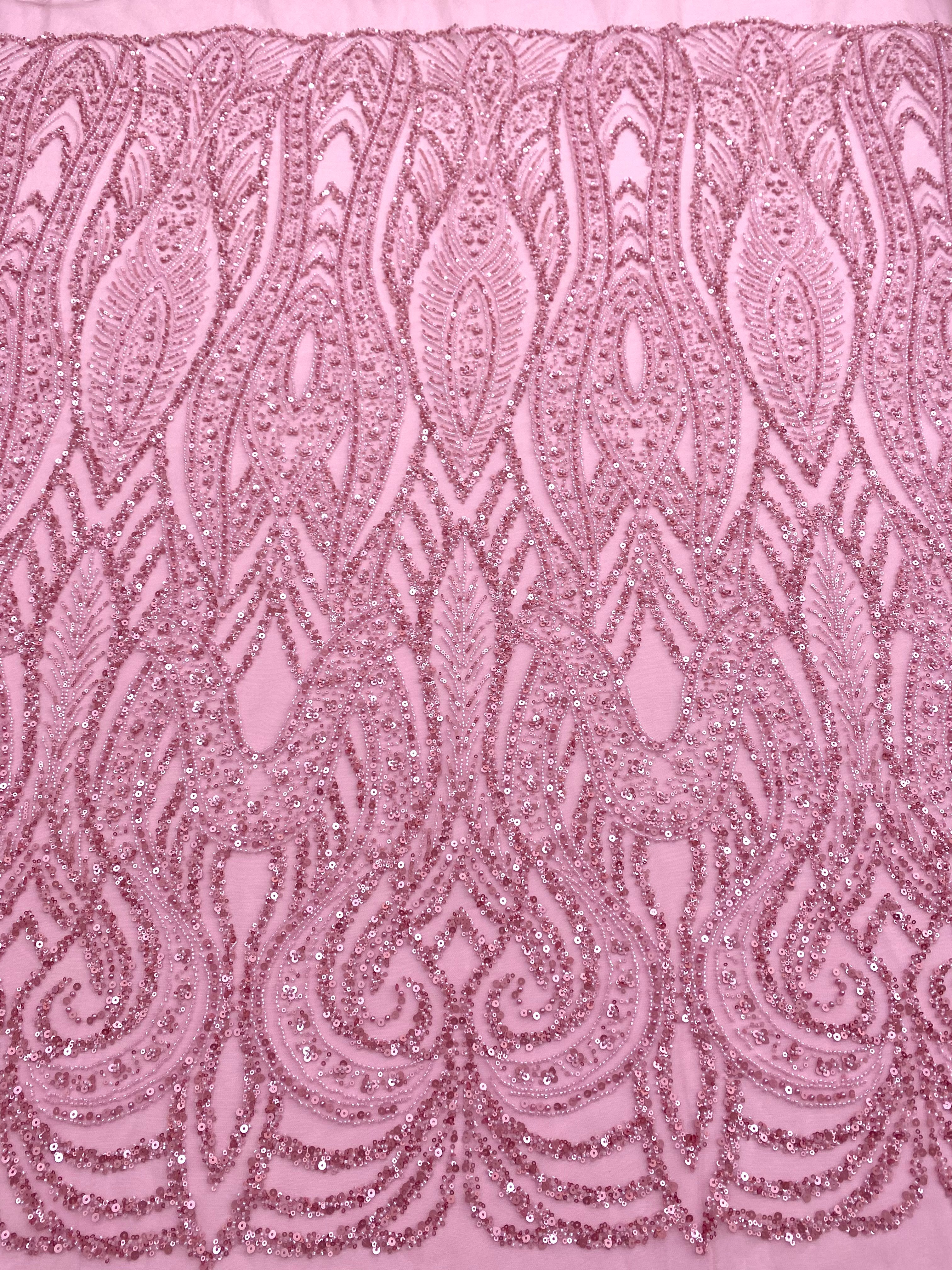 Dantela Couture Roz cu Model Geometric, cu Perle, Margele si Paiete