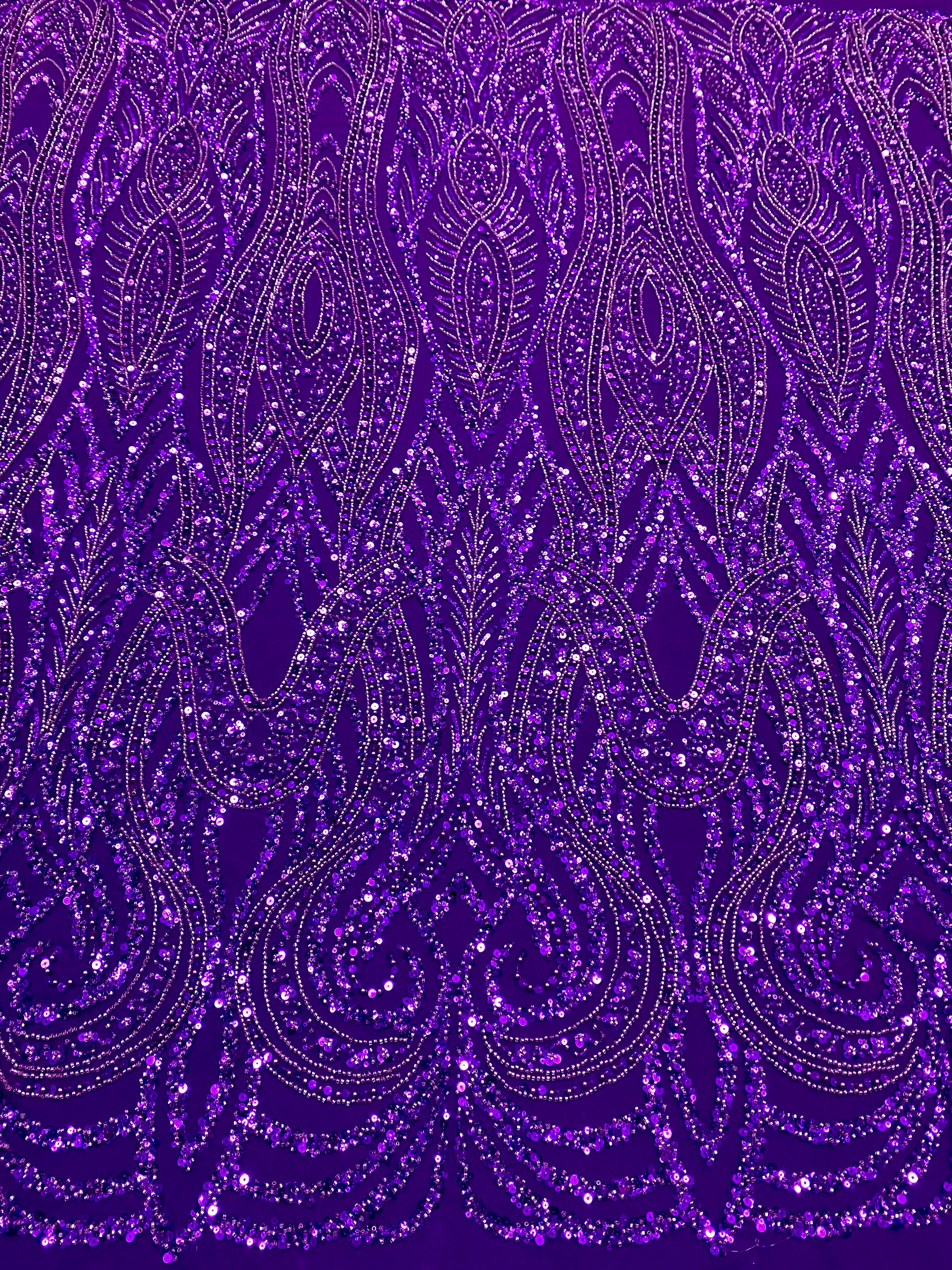 Dantela Couture Mov Inchis cu Model Geometric, Perle, Margele si Paiete