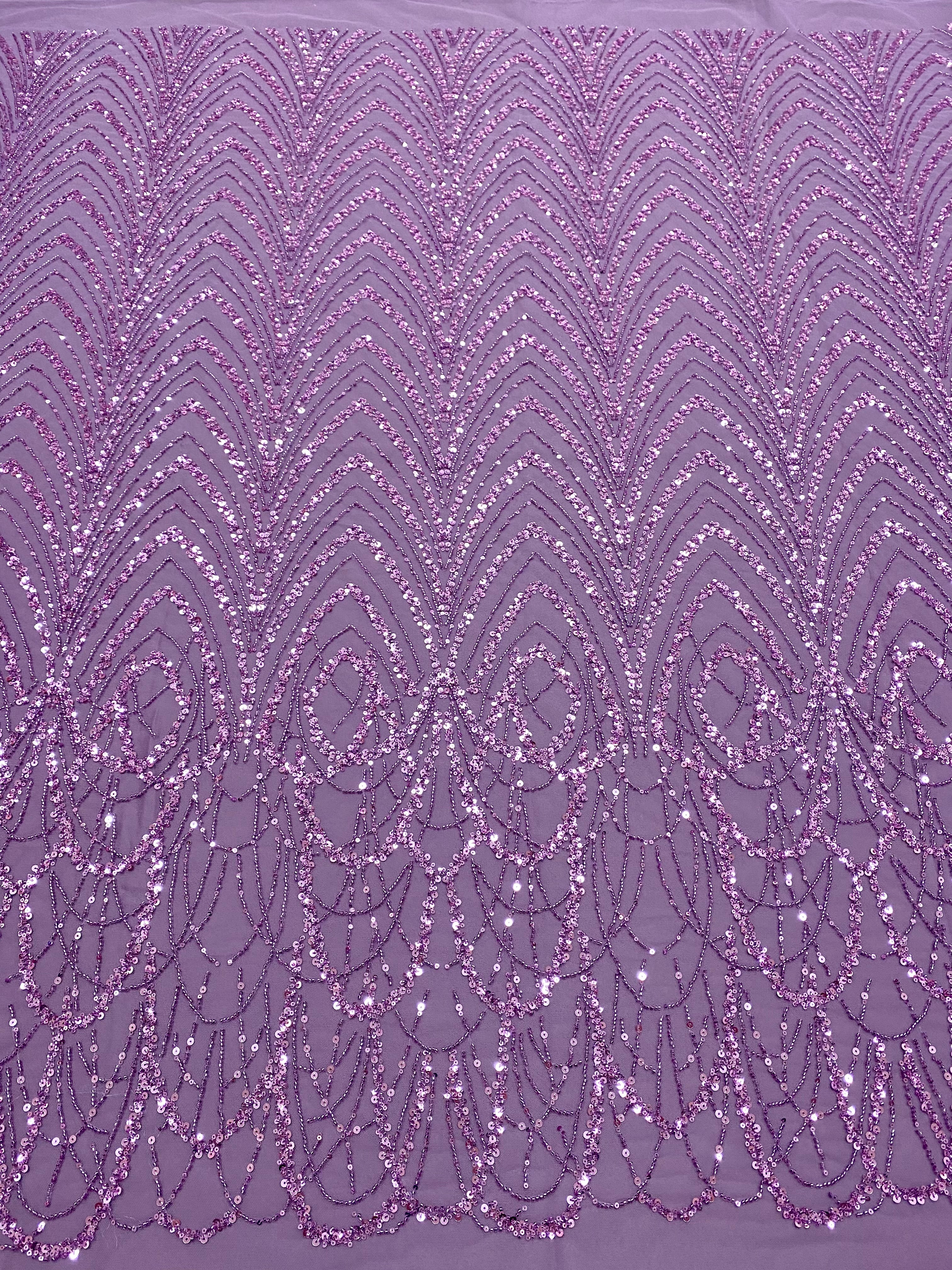 Dantela Couture Lavanda Pudrata cu Model Geometric cu Margele si Paiete