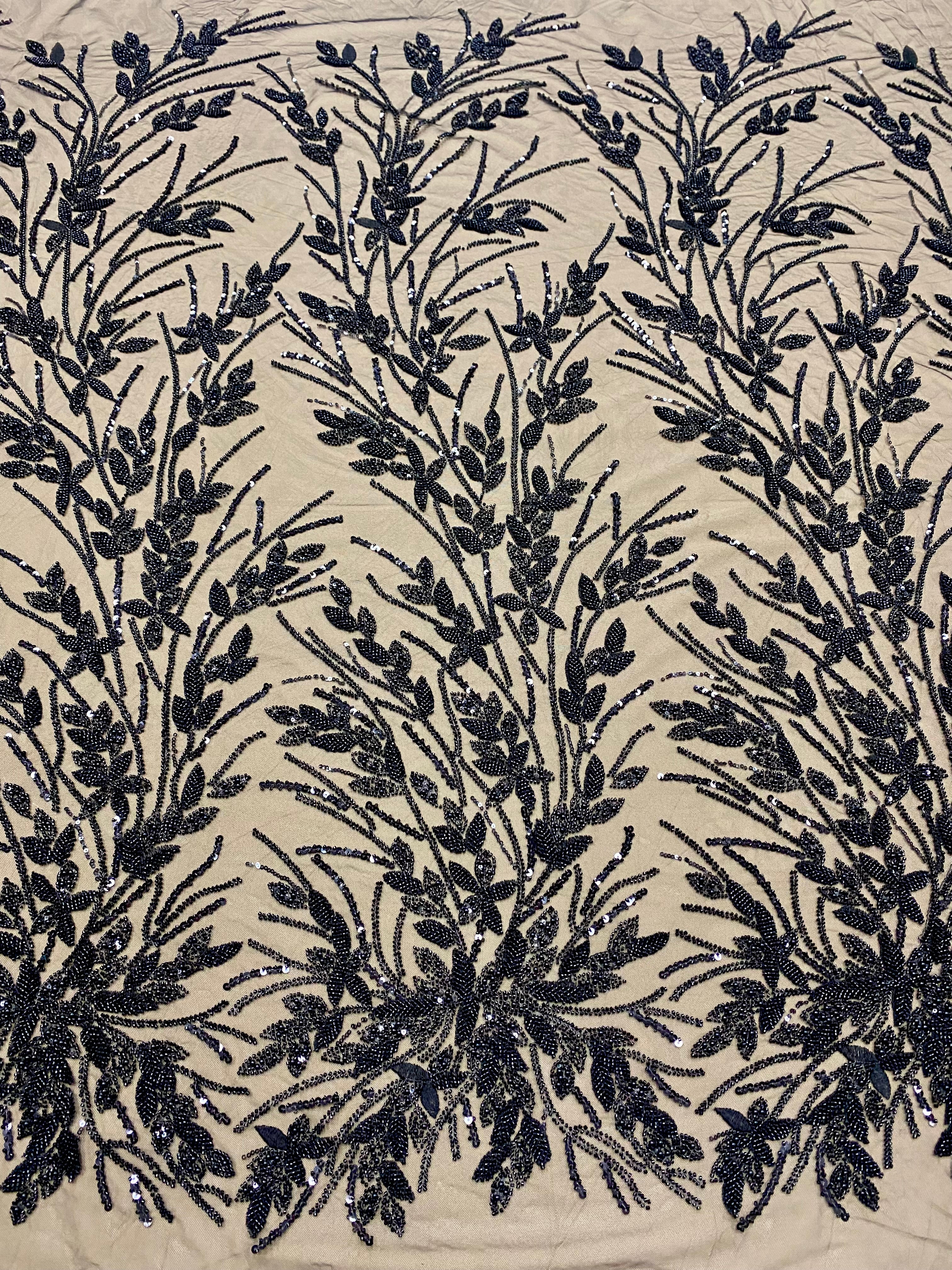 Dantela Couture Neagra cu Model Floral, Perle, Margele si Paiete