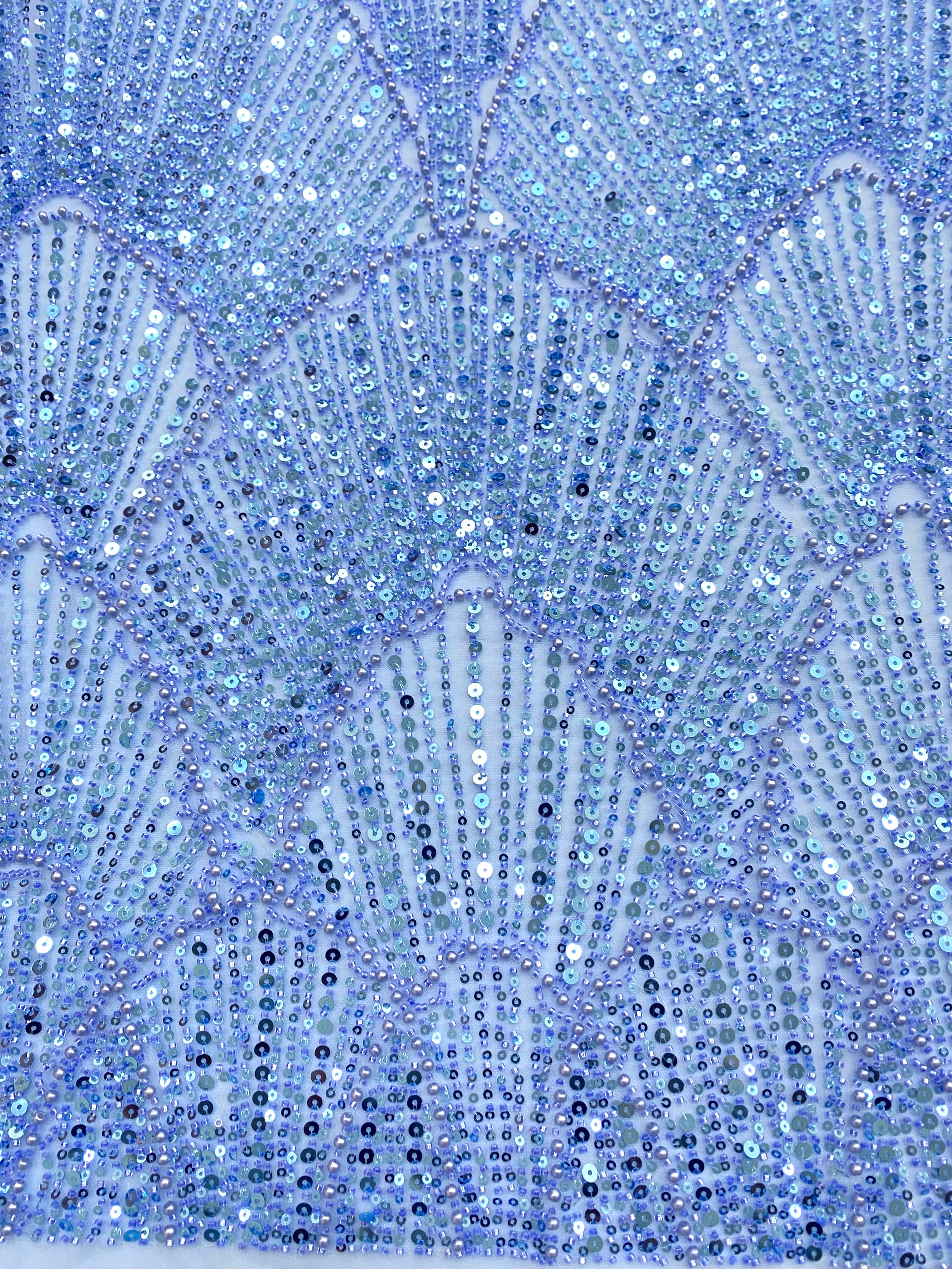 Dantela Couture Sky Blue cu Model Geometric, cu Perle, Margele si Paiete