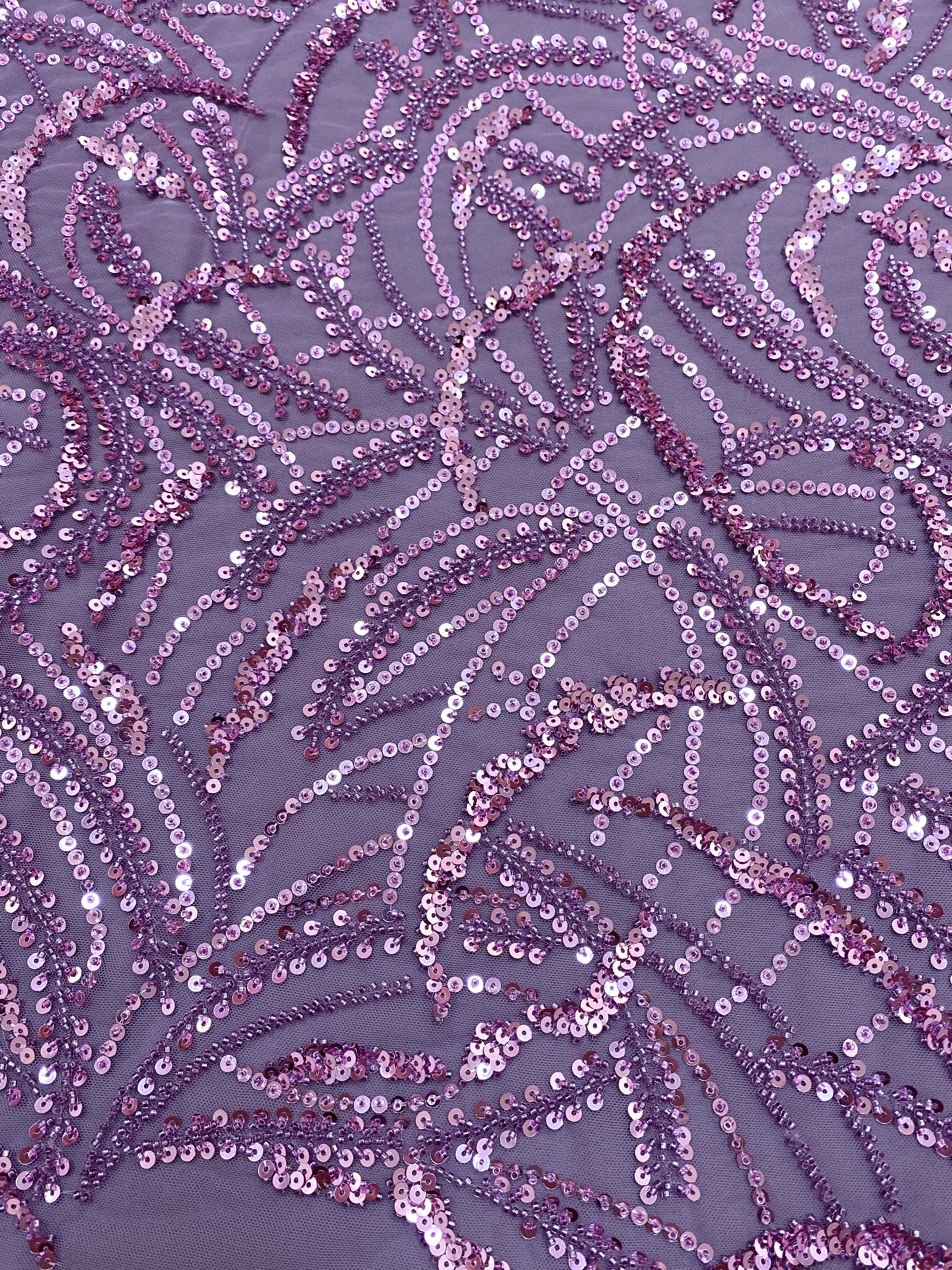 Dantela Couture Lavanda Pudrata cu Model Geometric, Margele si Paiete
