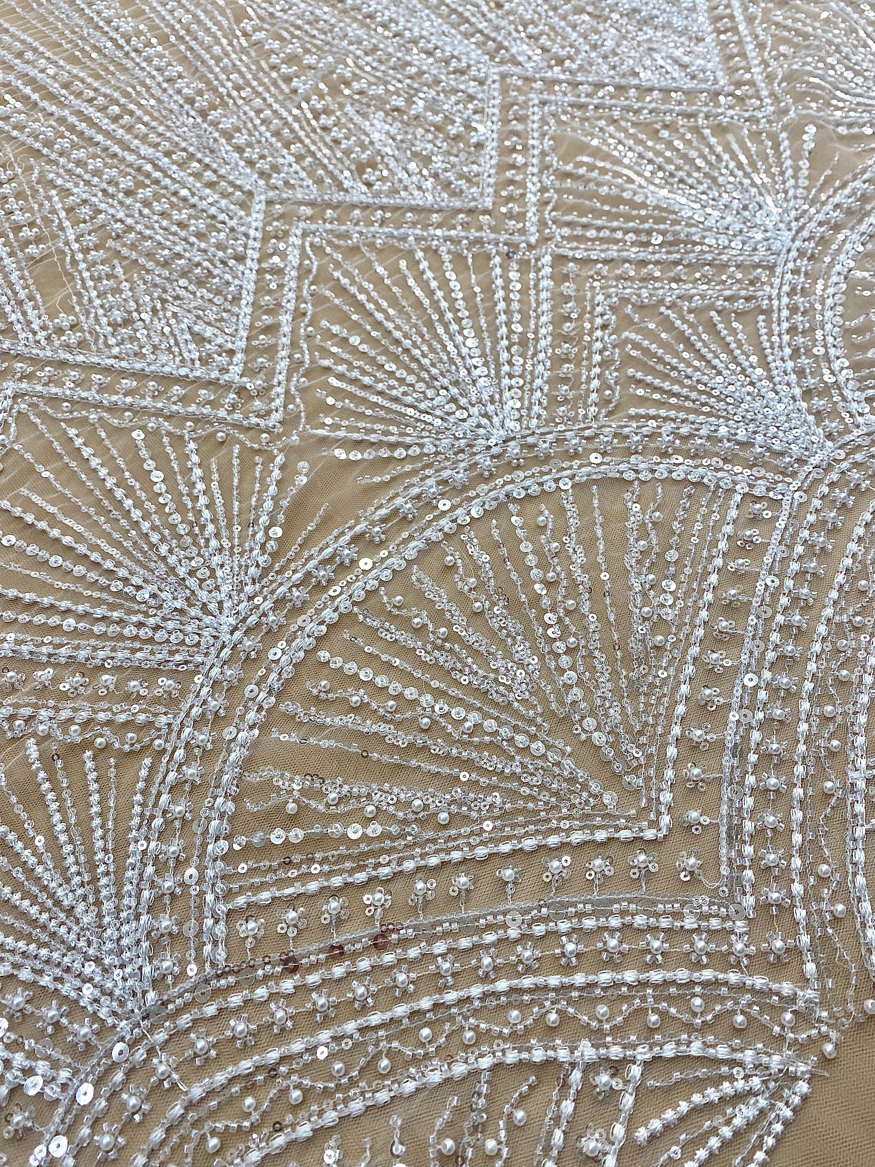 Silver Lace with Linear Pattern, with Pearls and Sequins