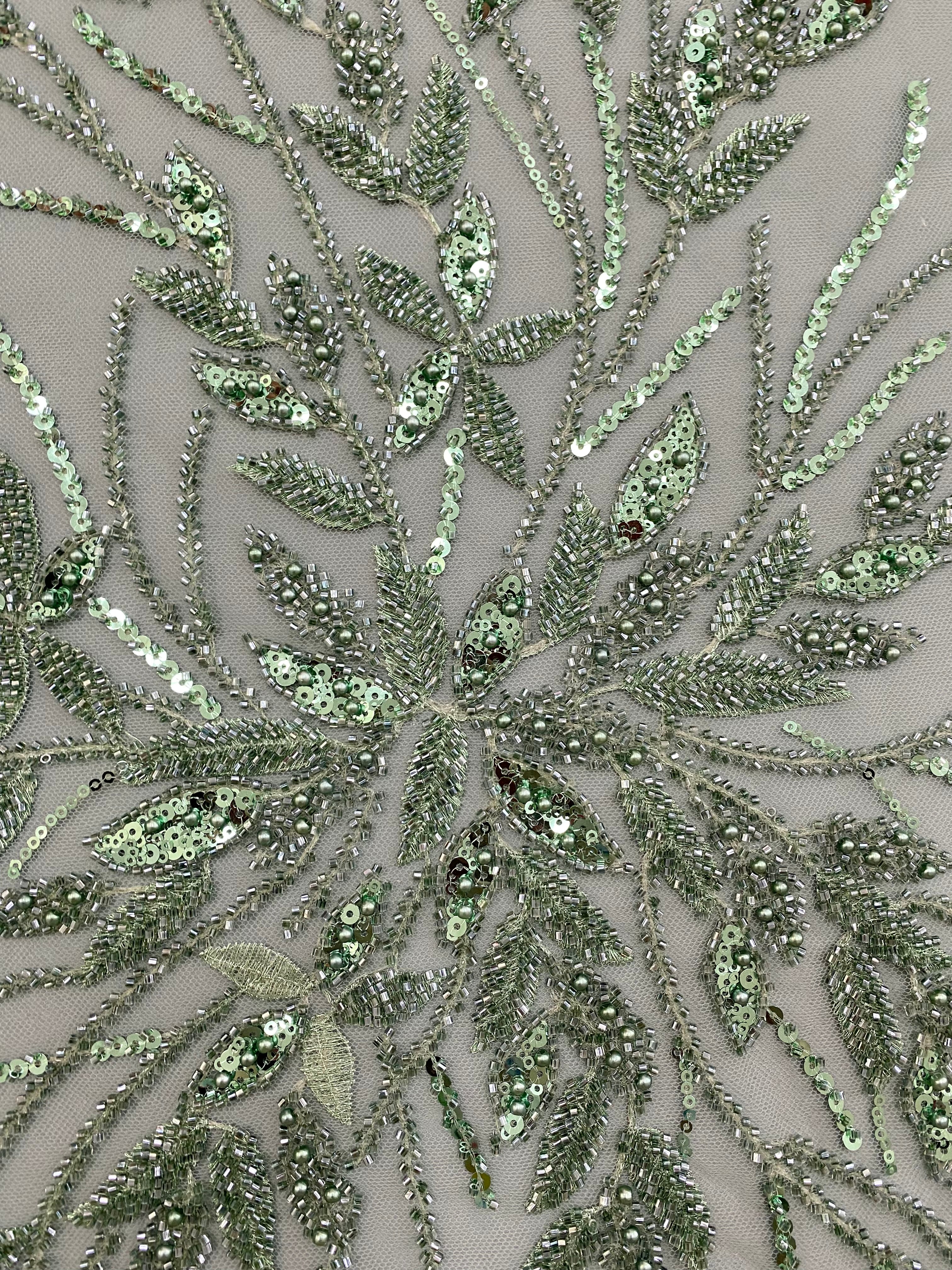 Dantela Couture Verde Ou de Rata cu Model Floral, Perle, Margele si Paiete