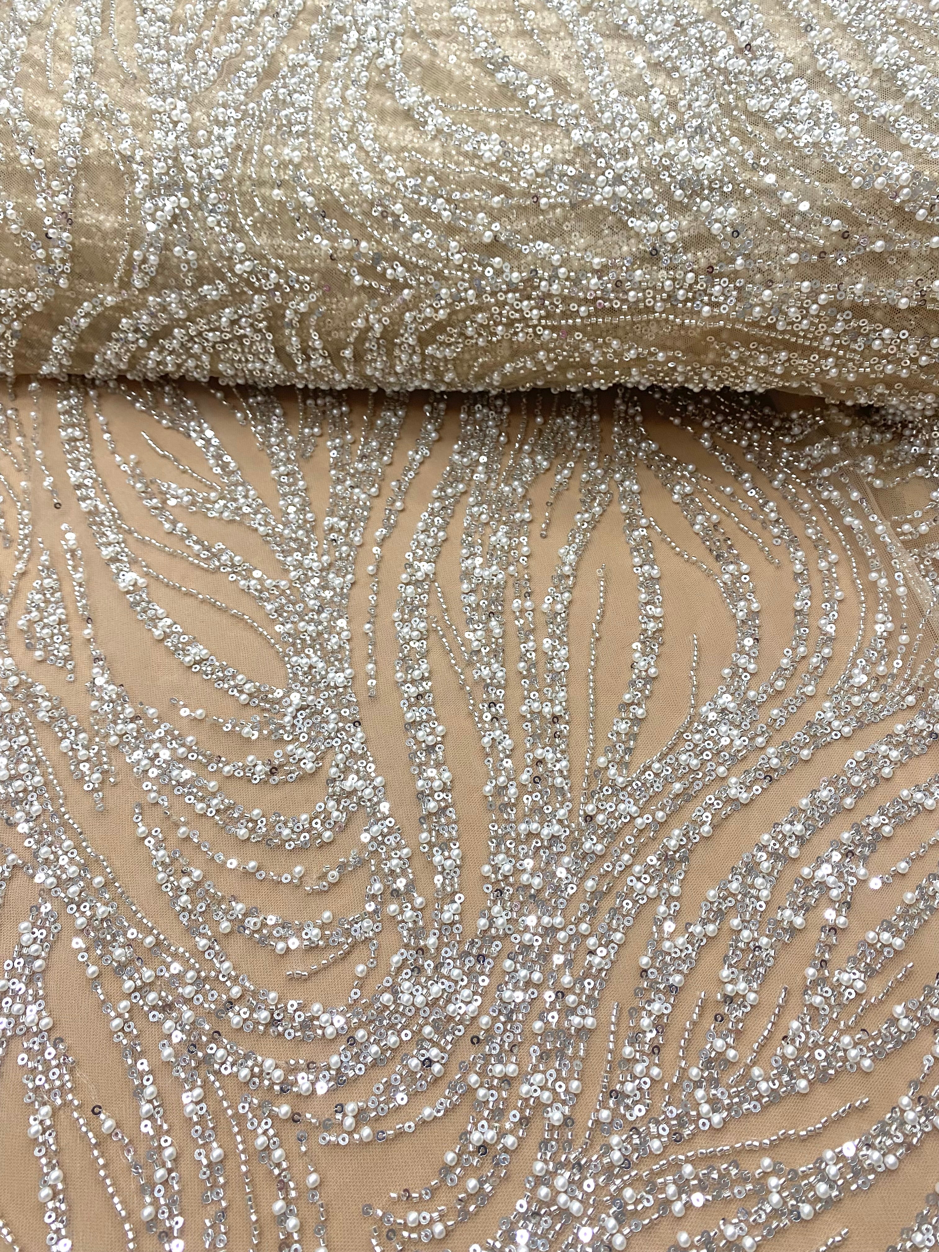 Silver Couture Lace on Nude Tulle with Geometric Pattern, with Pearls, Beads and Sequins