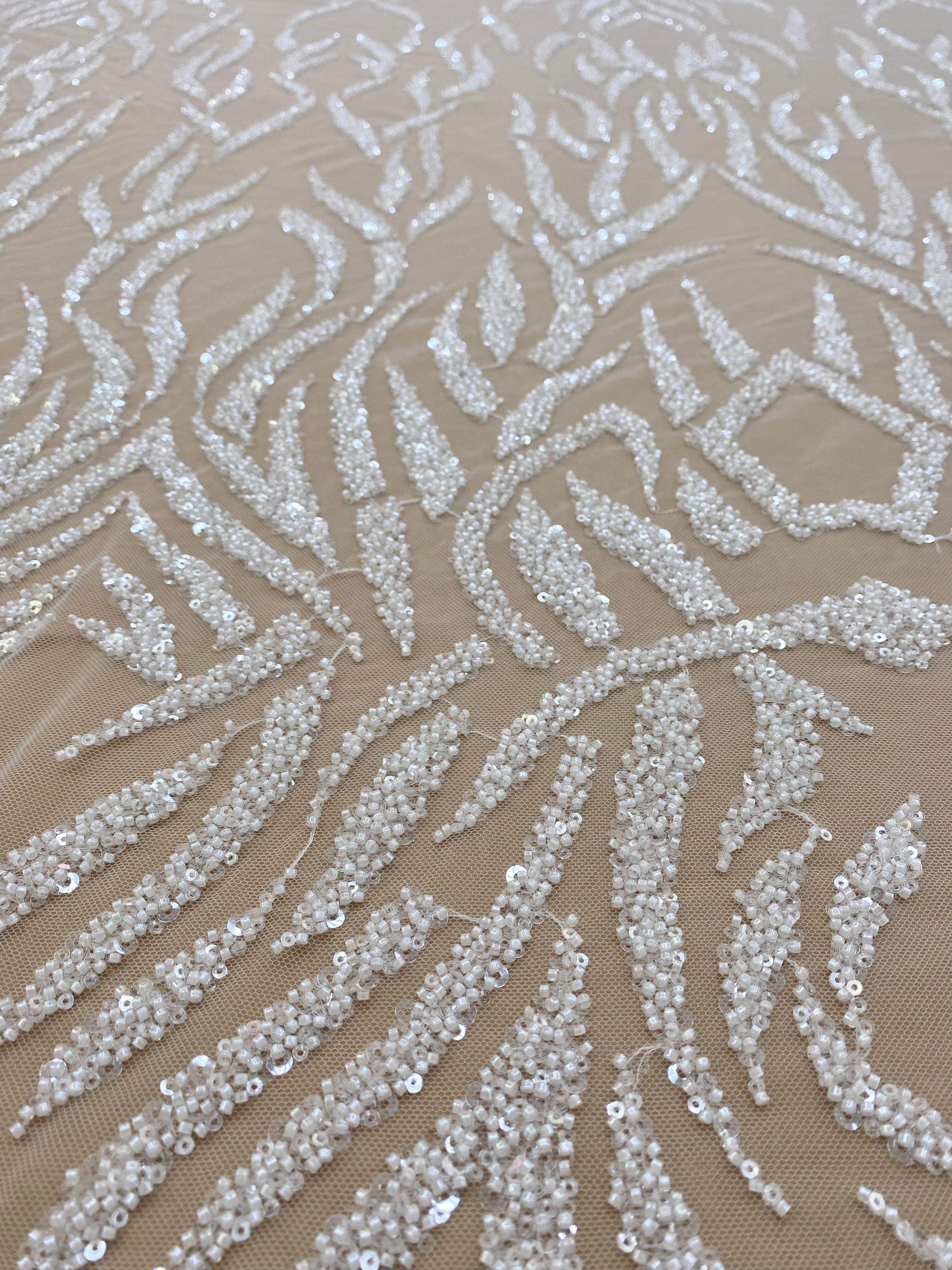 Ivory Couture Lace with Linear Pattern, Beads and Sequins