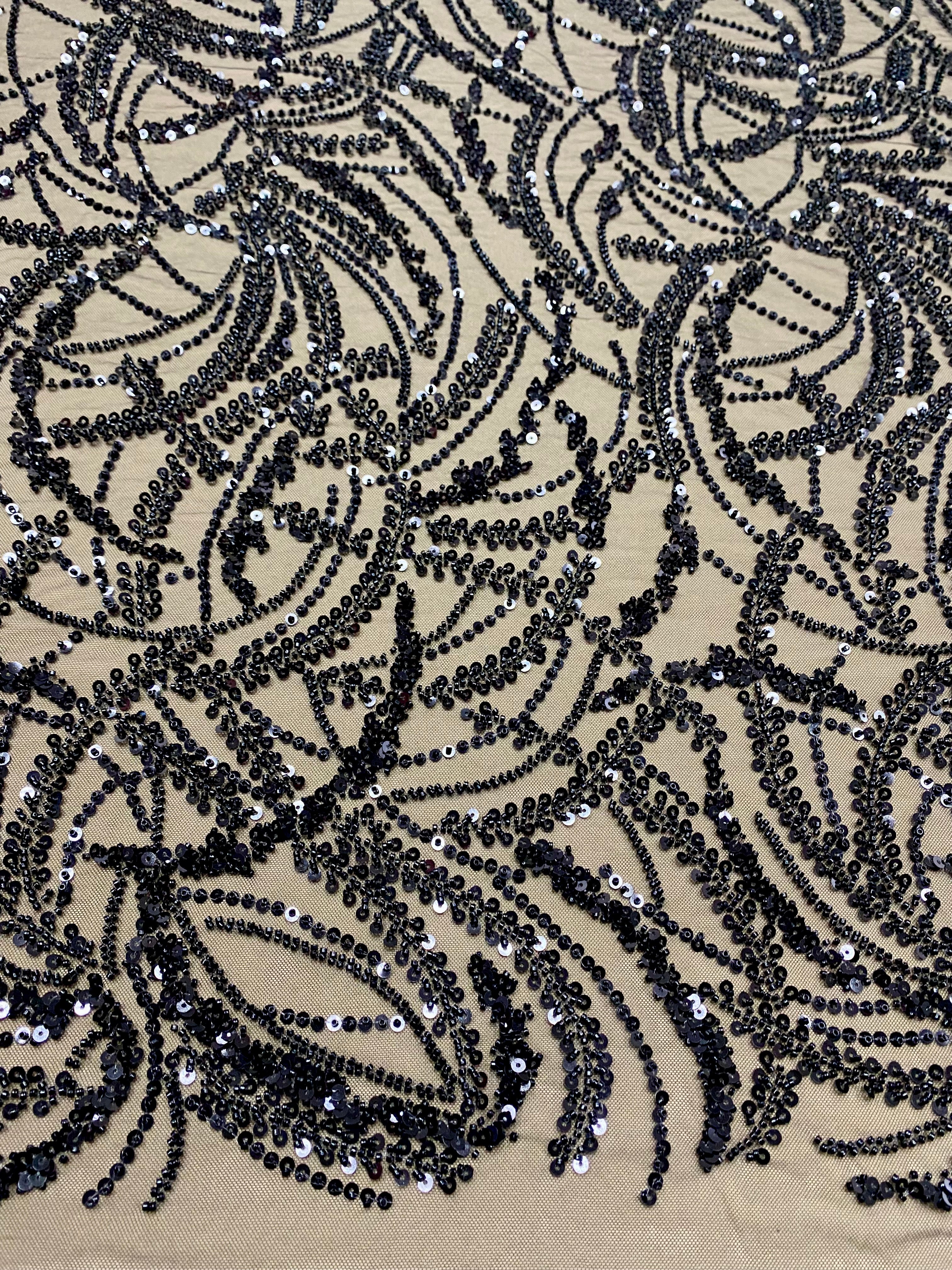 Black Couture Lace with Geometric Pattern, Beads and Sequins