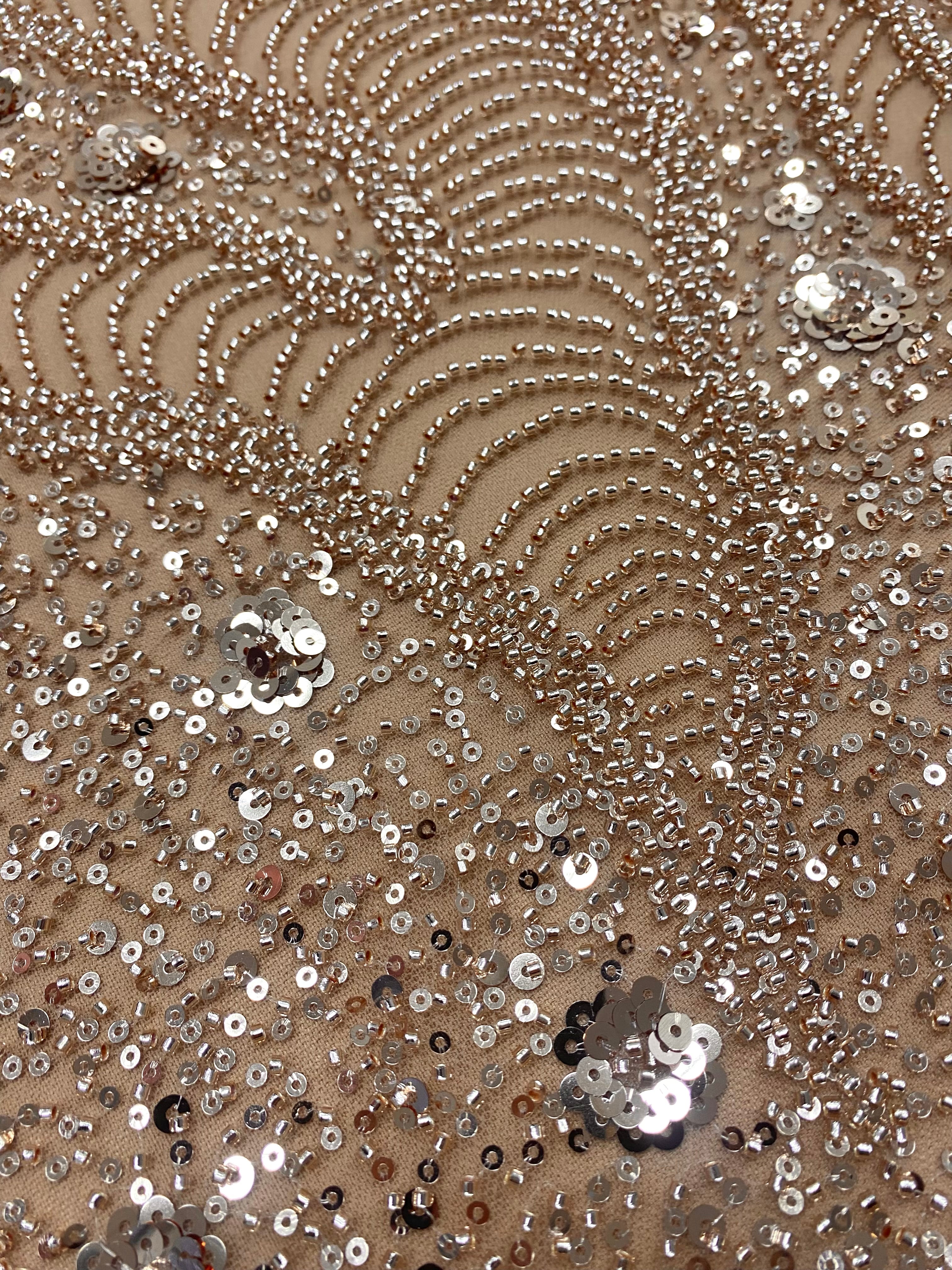 Rose Gold Couture Lace with Geometric and Floral Pattern, with Beads and Sequins