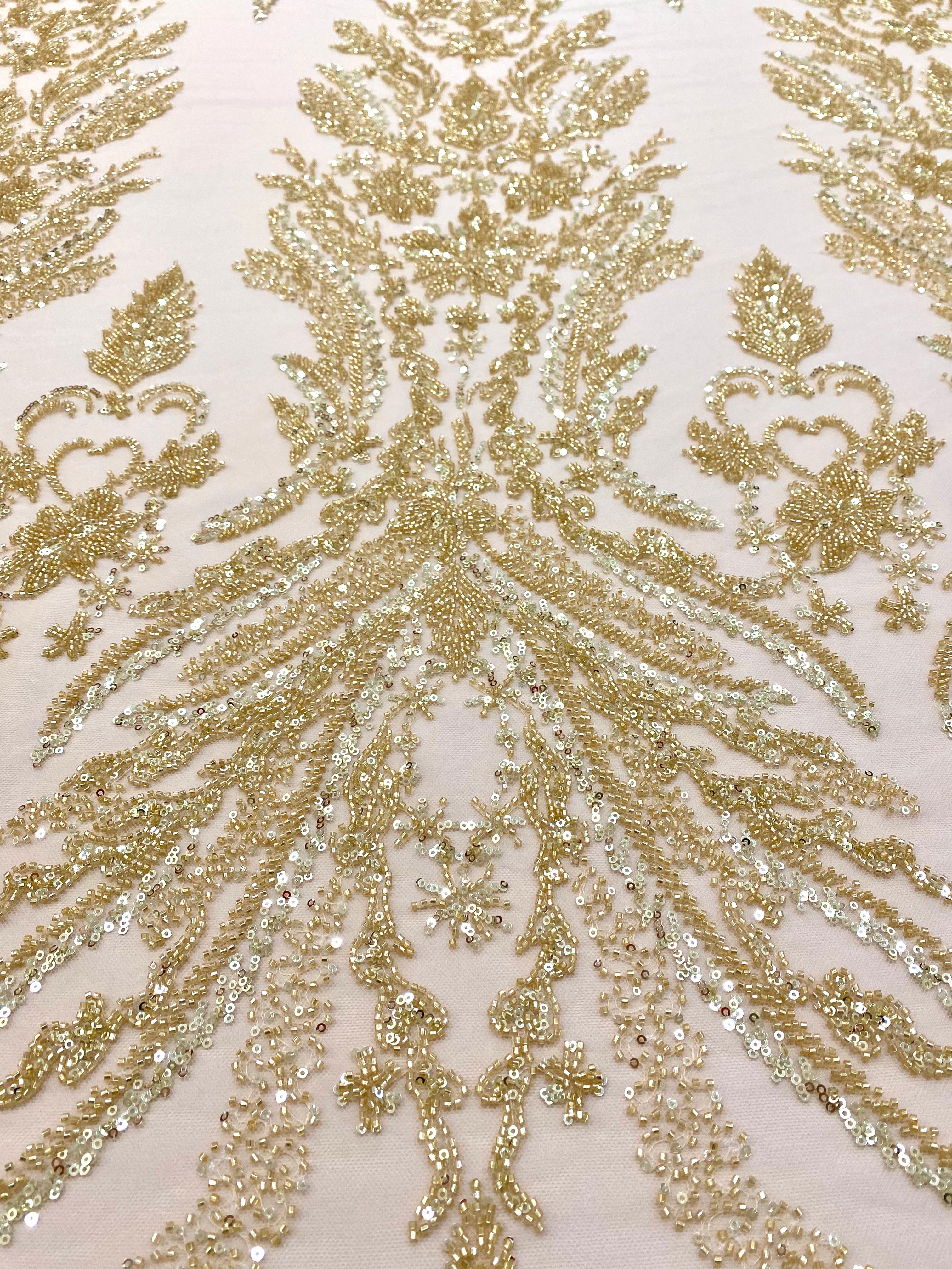 Gold Couture Lace with Floral Pattern, with Pearls, Beads and Sequins