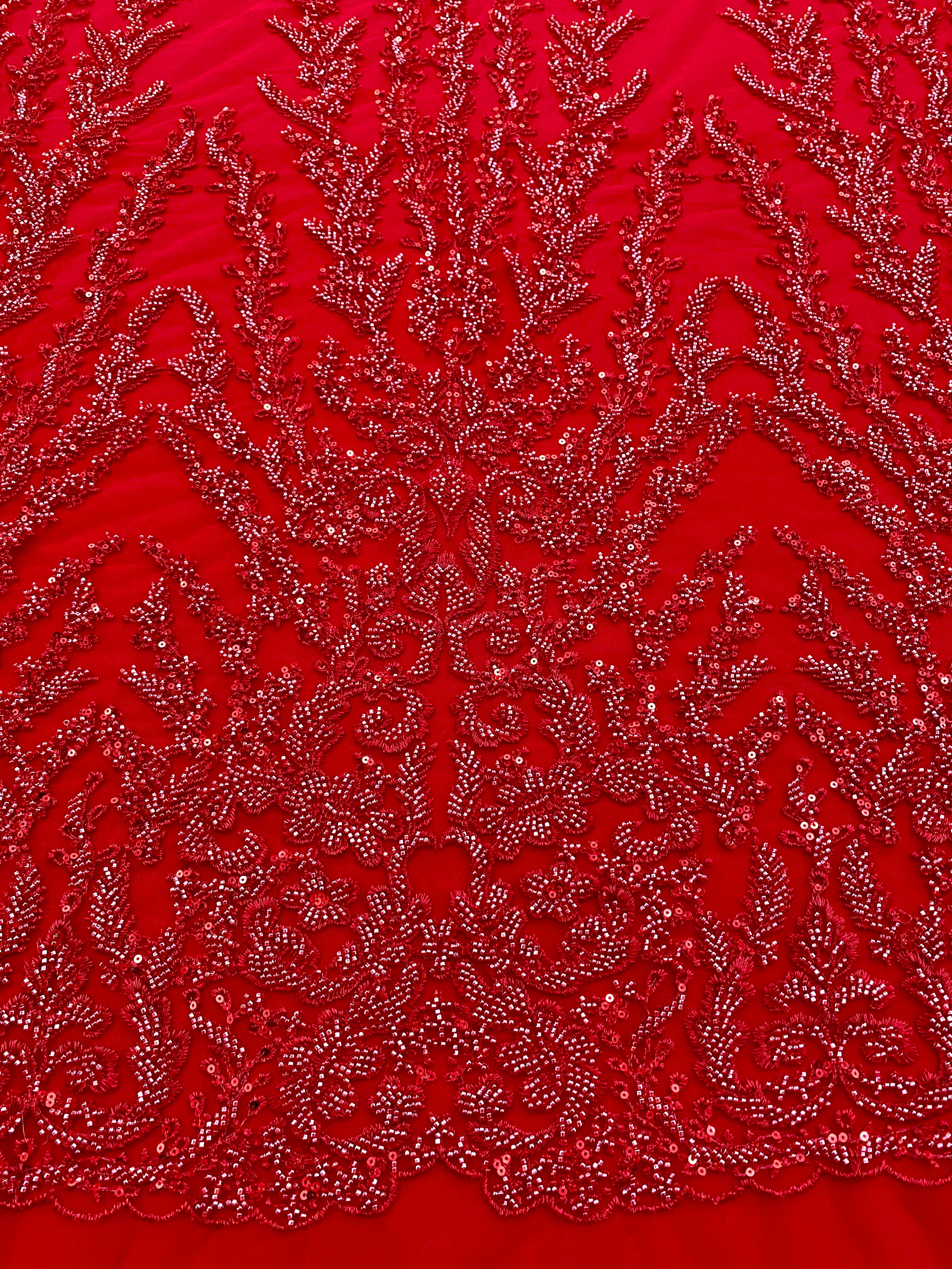 Red Couture Lace with Geometric Pattern, Beads and Sequins