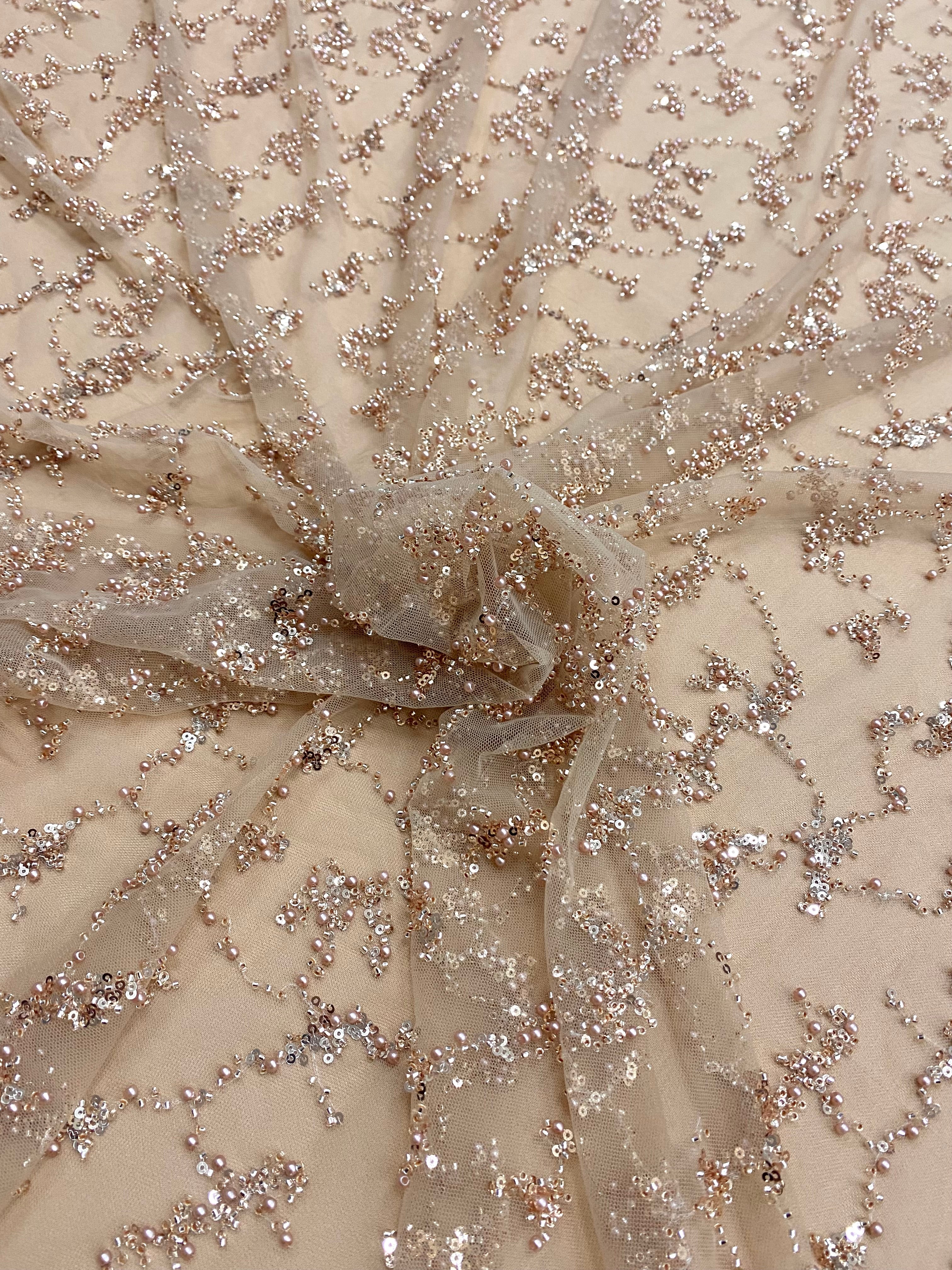 Rose Gold Couture Lace with Pearls, Beads and Sequins 