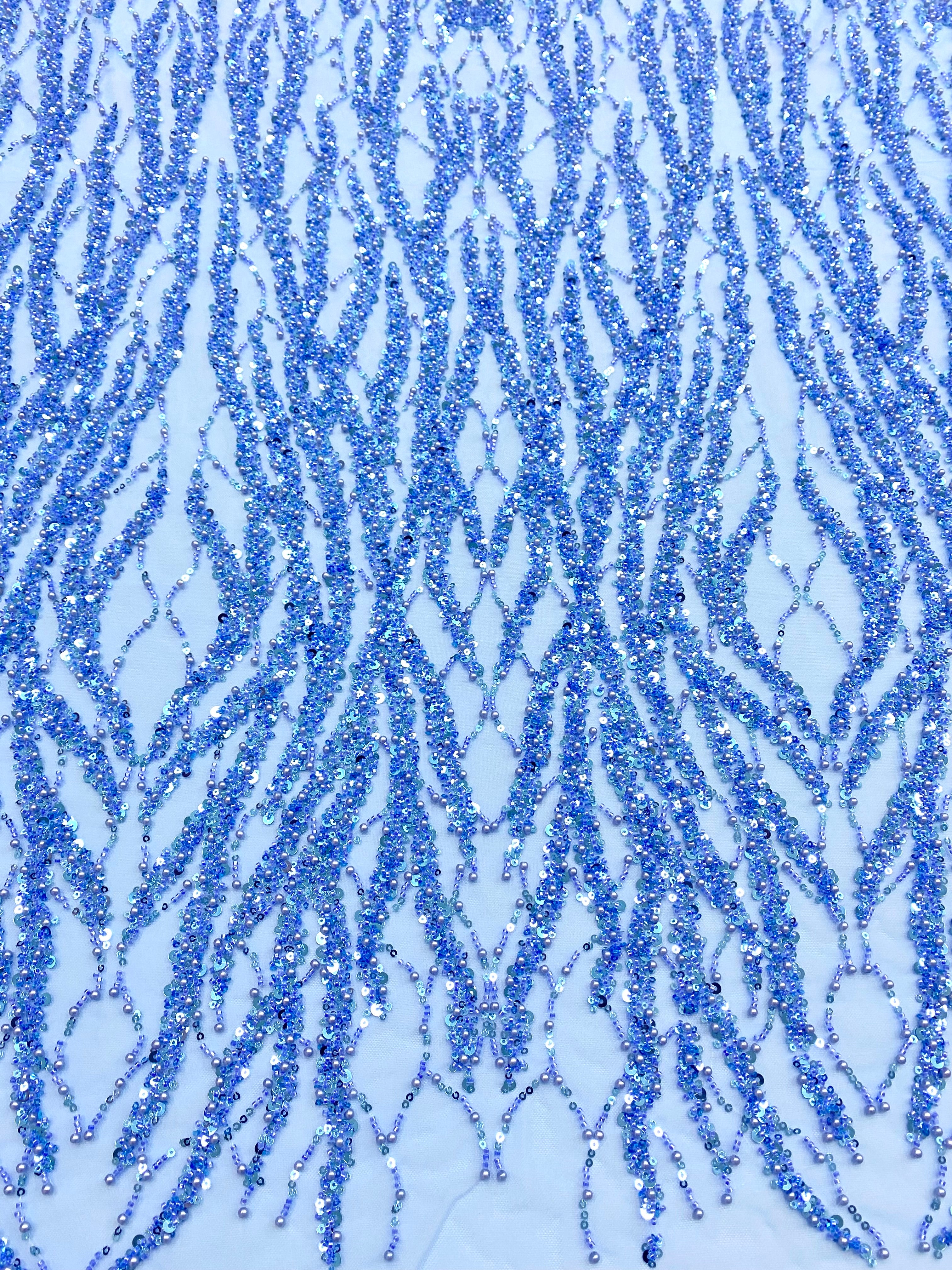 Silver Lace with Nude Tulle with Linear Pattern, Beads and Sequins