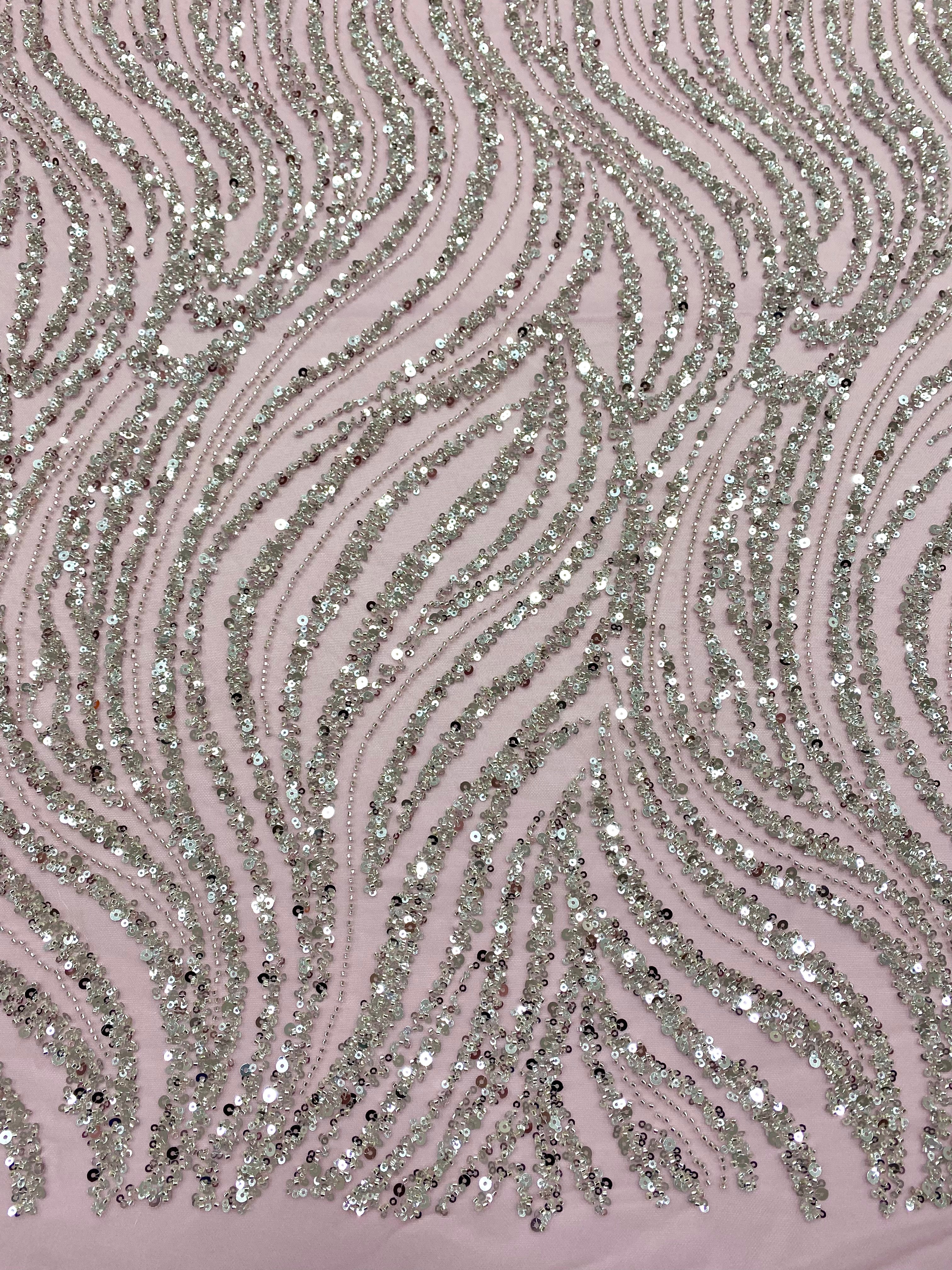 Silver Lace with Linear Pattern, with Pearls and Sequins