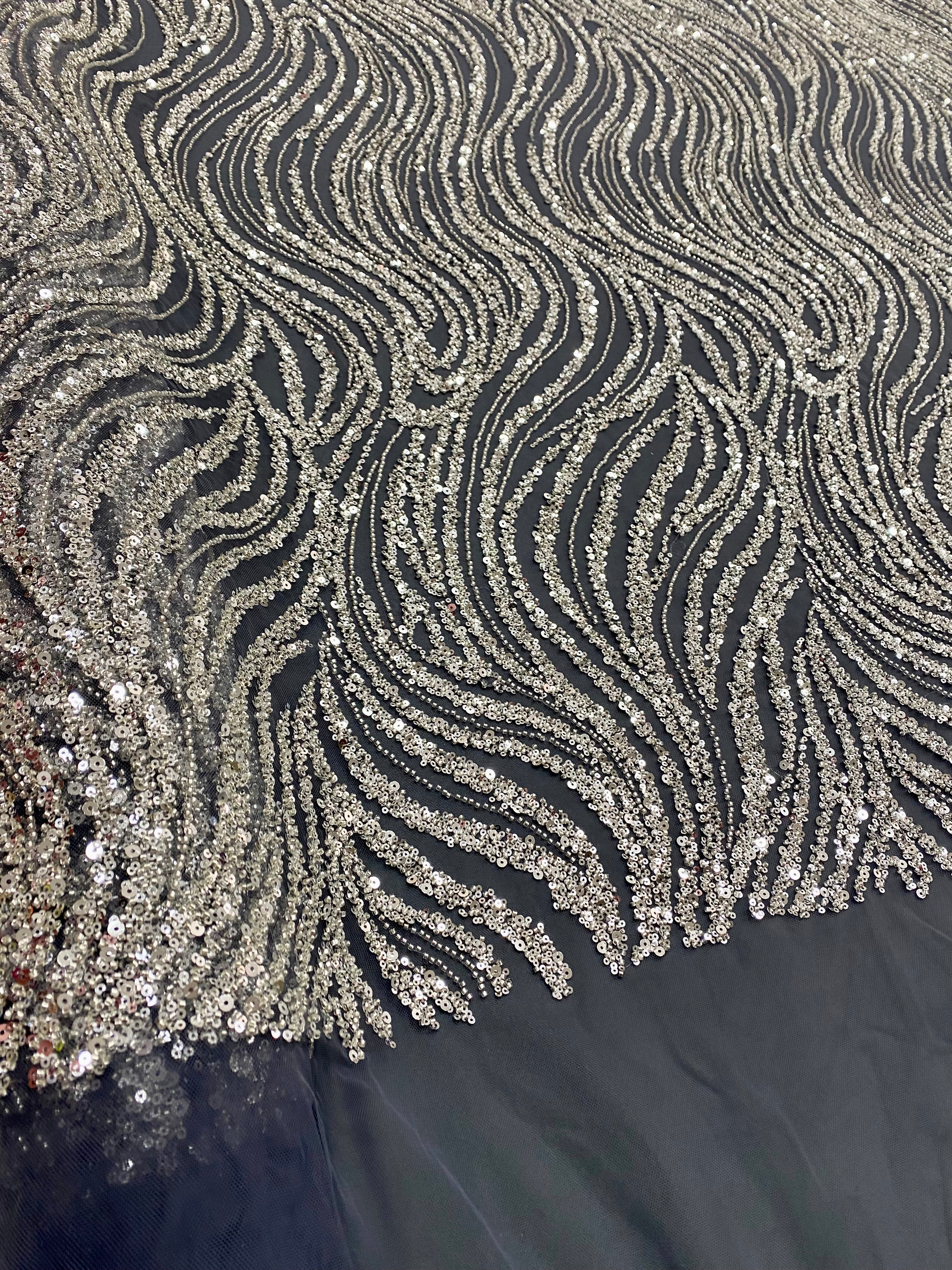Silver Lace with Linear Pattern, with Pearls and Sequins