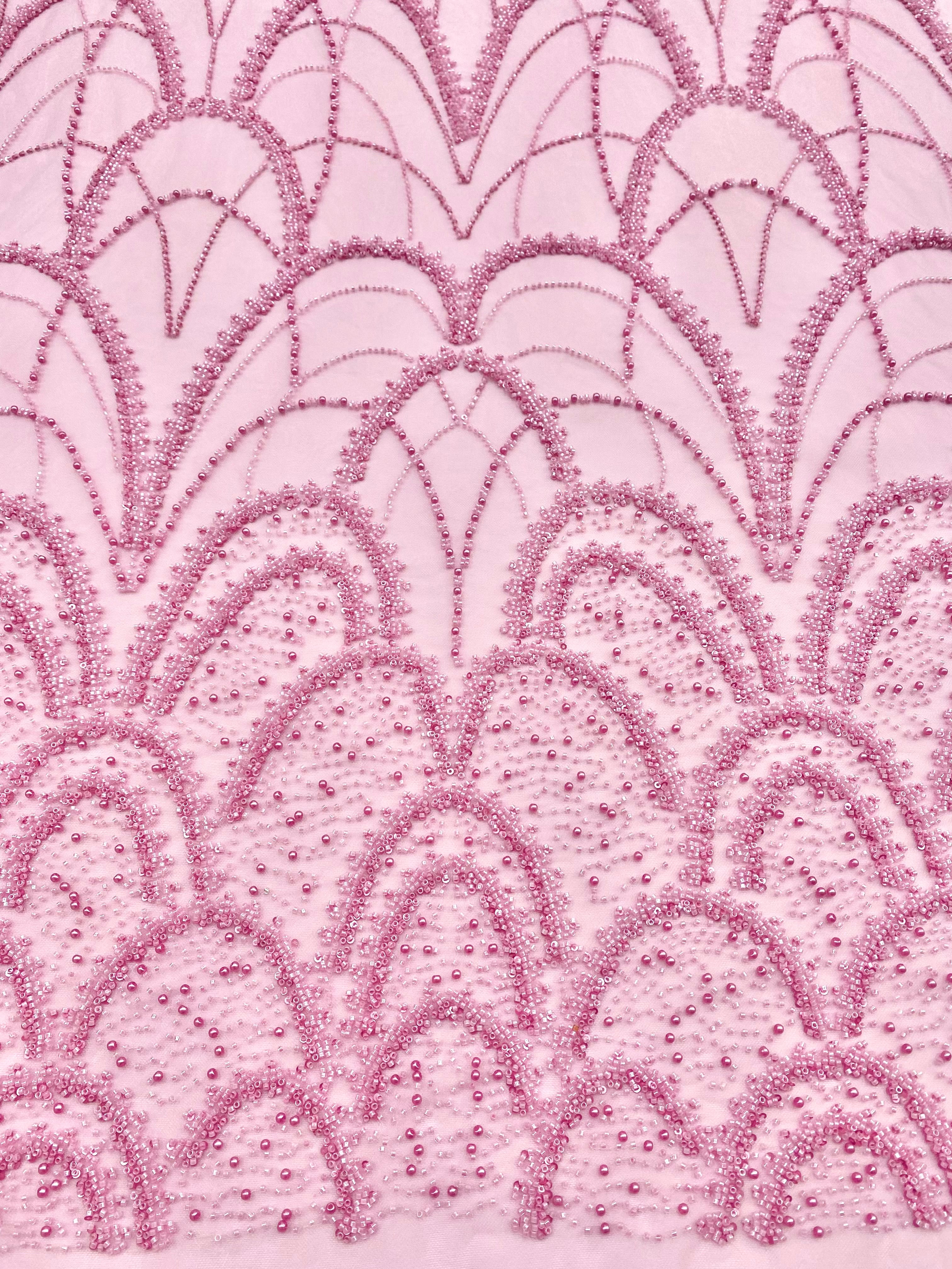 Pink Couture Lace with Geometric Pattern, with Pearls, Beads and Sequins