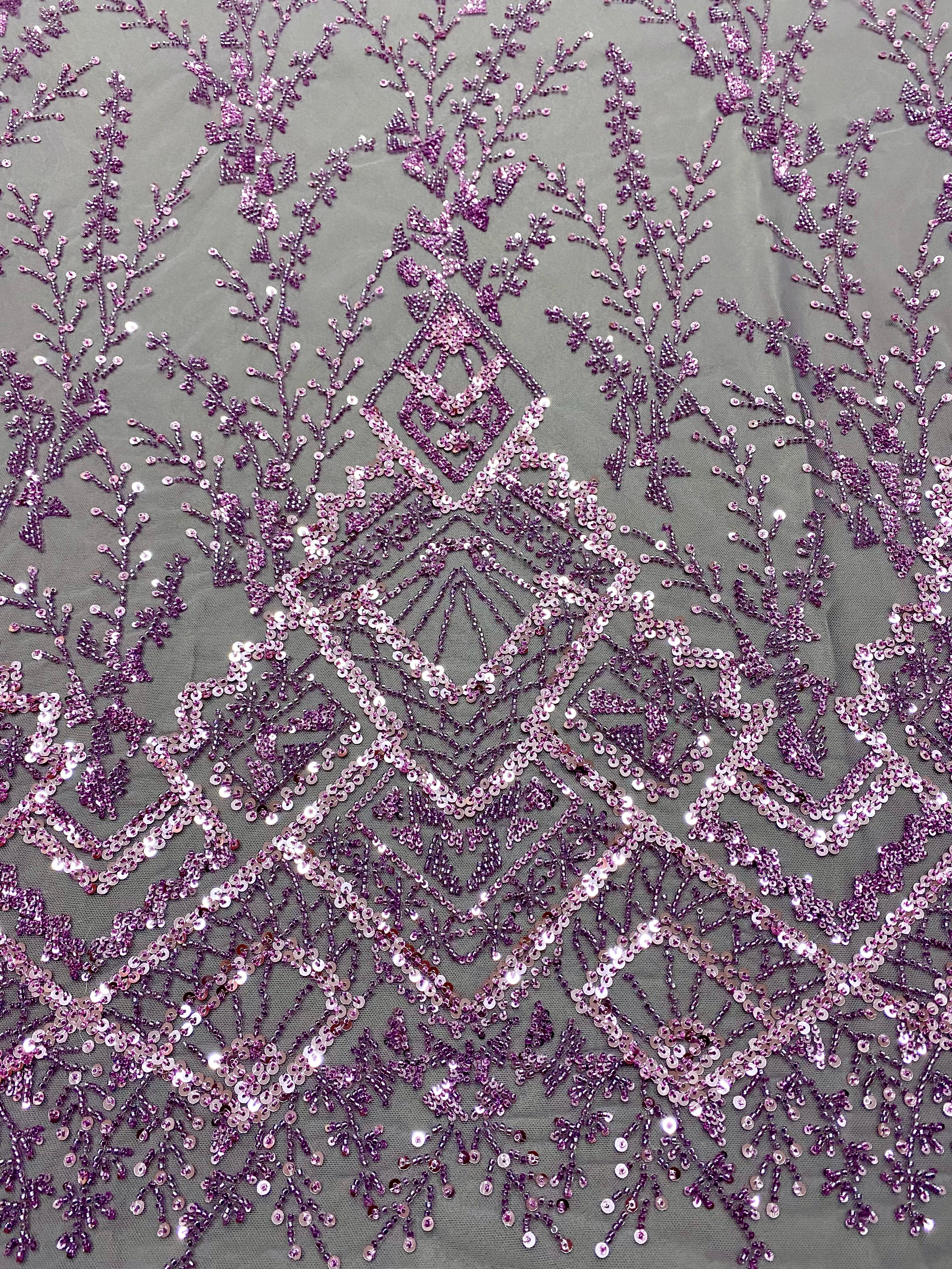 Powder Couture Lace with Geometric Pattern, with Beads and Sequins