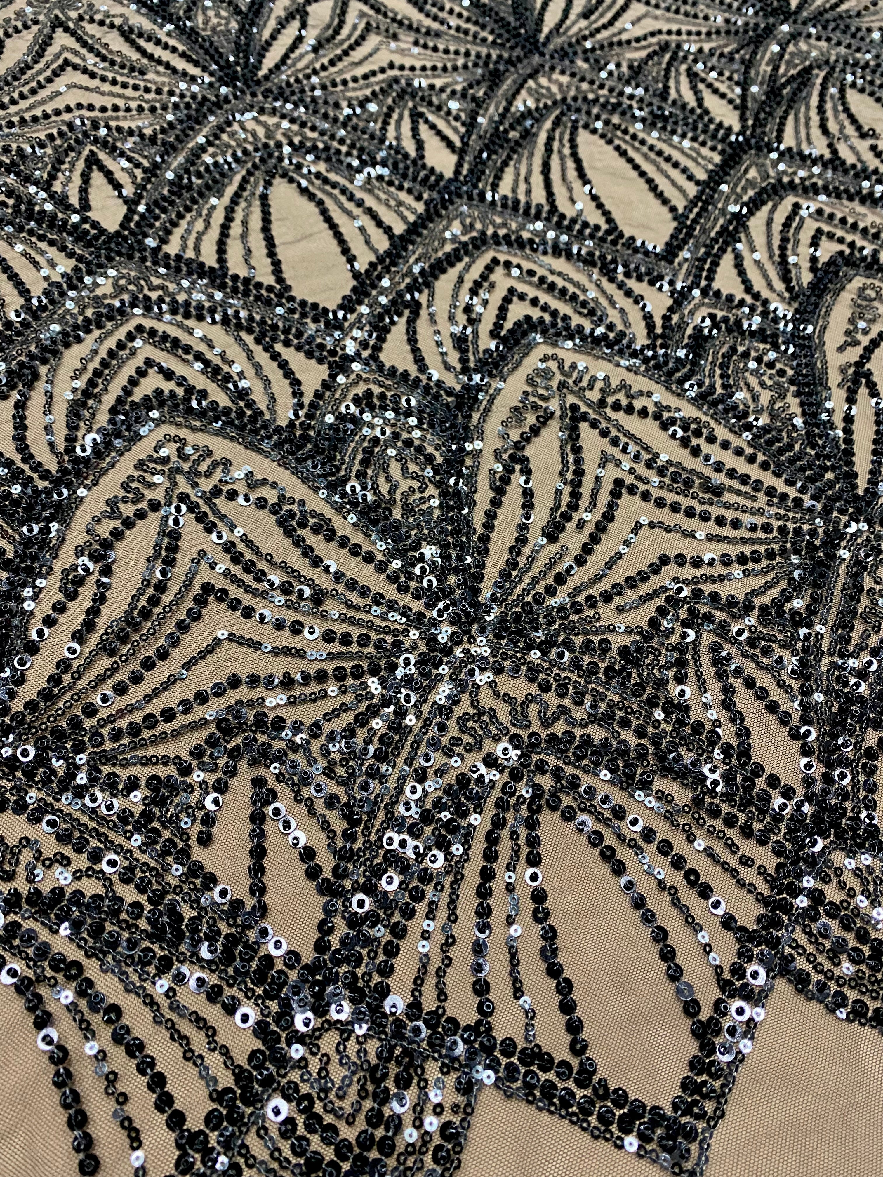 Silver Couture Lace on Blue Tulle, with Symmetrical Pattern, with Beads and Sequins 