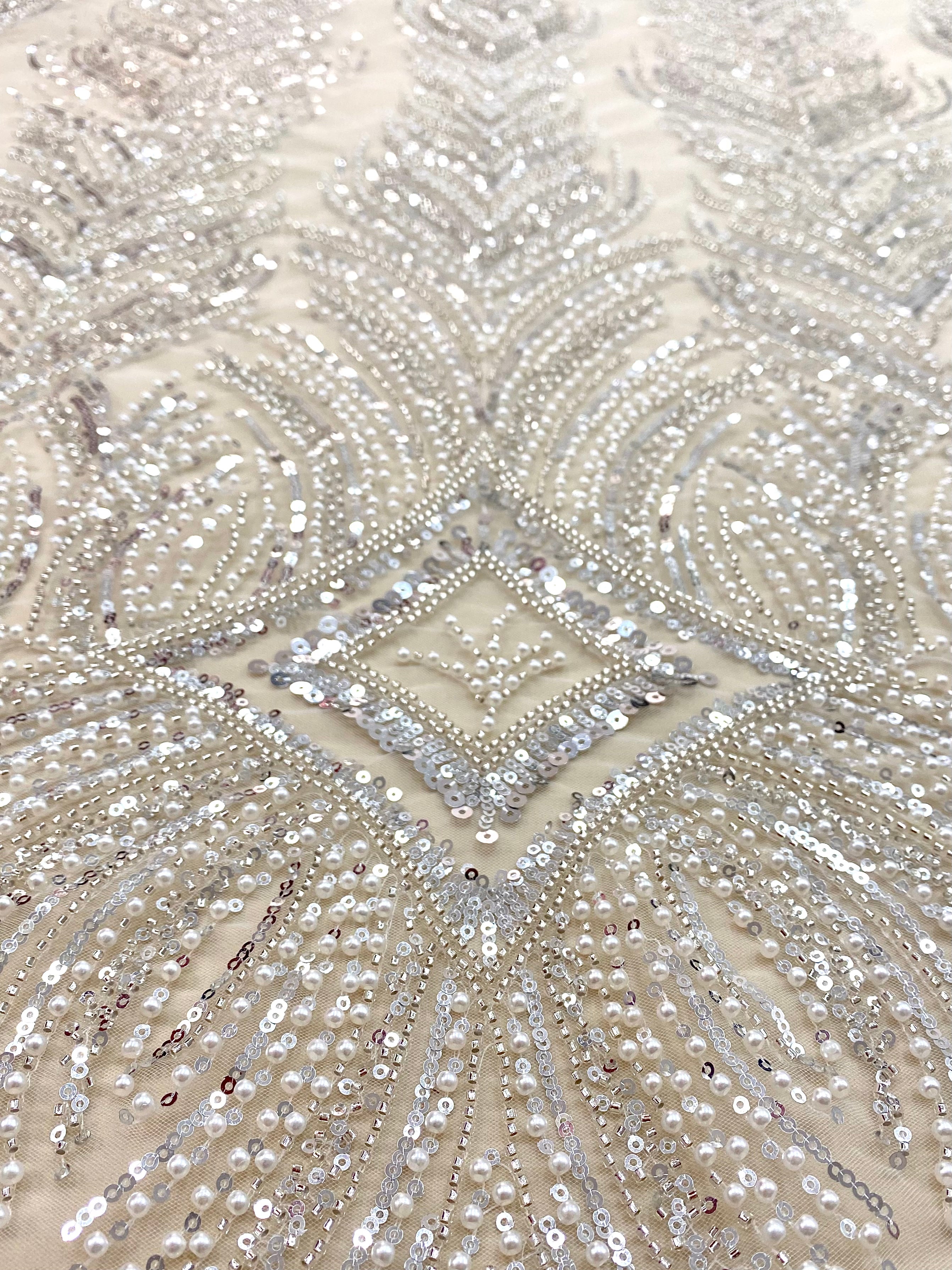 Silver Lace with Geometric Pattern, with Beads and Sequins
