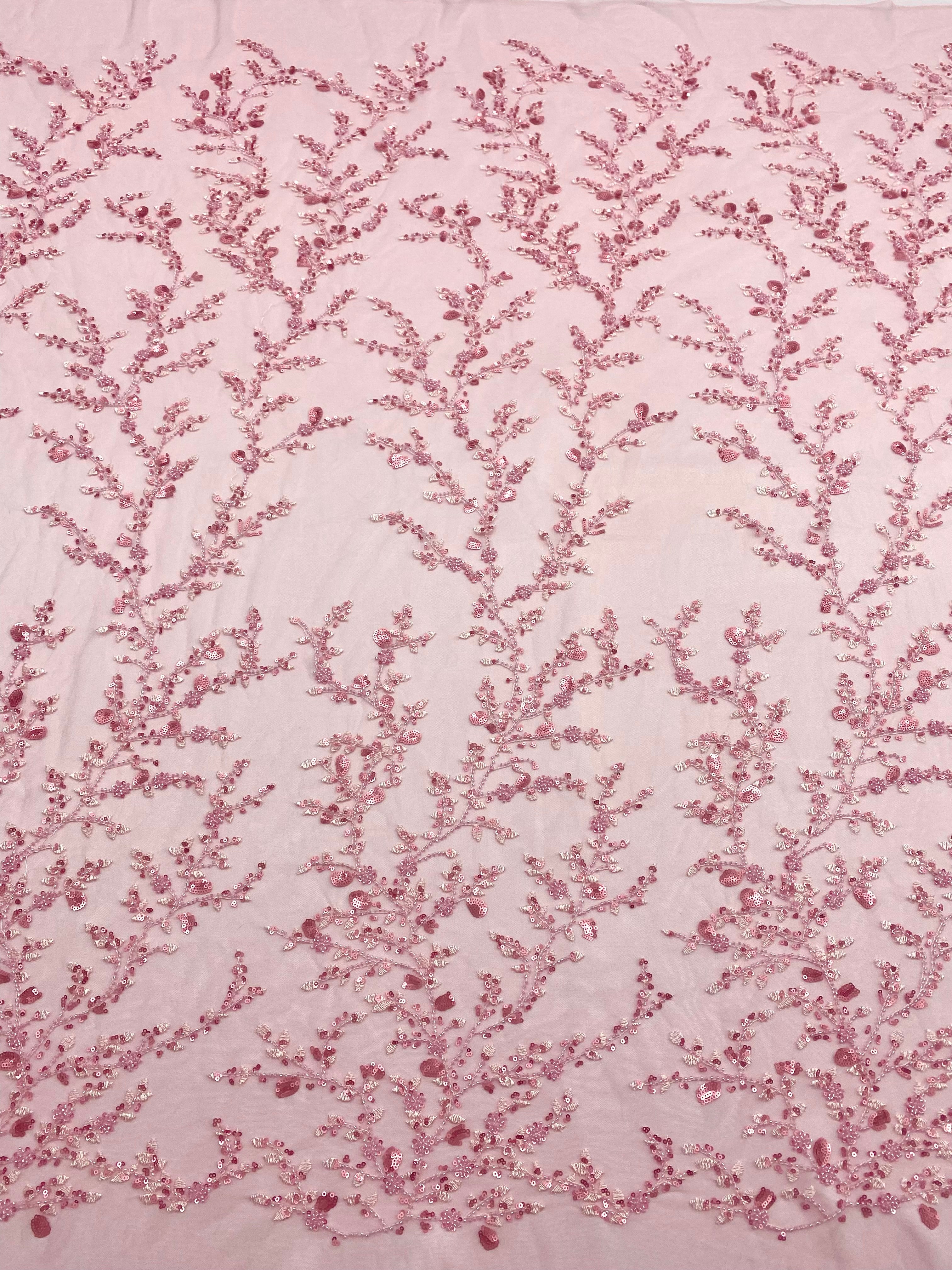 Dantela Couture Roz cu Model Floral, cu Margele si Paiete
