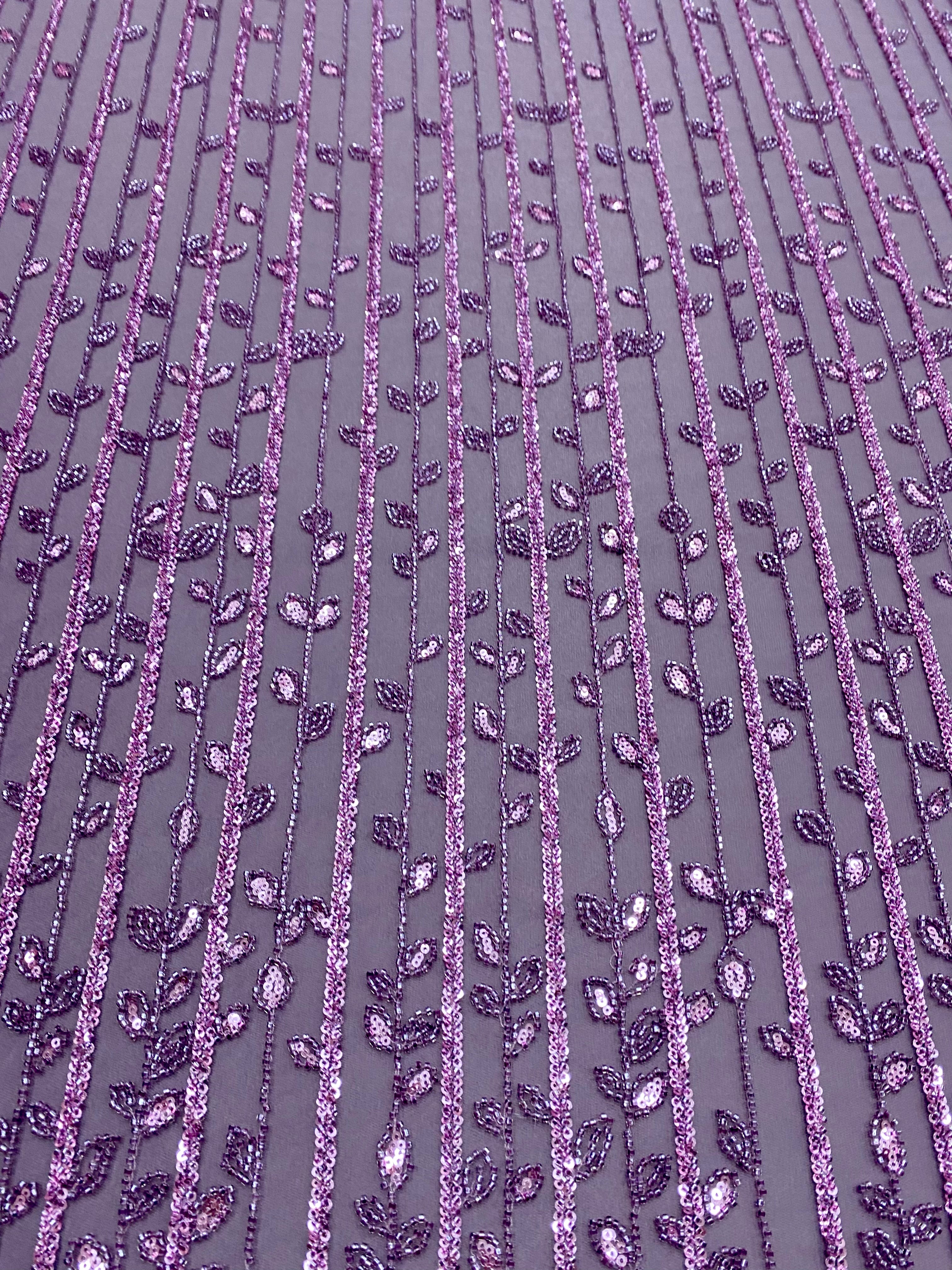 Dantela Couture Lavanda Pudrata cu Model Liniar si Frunze, cu Margele si Paiete