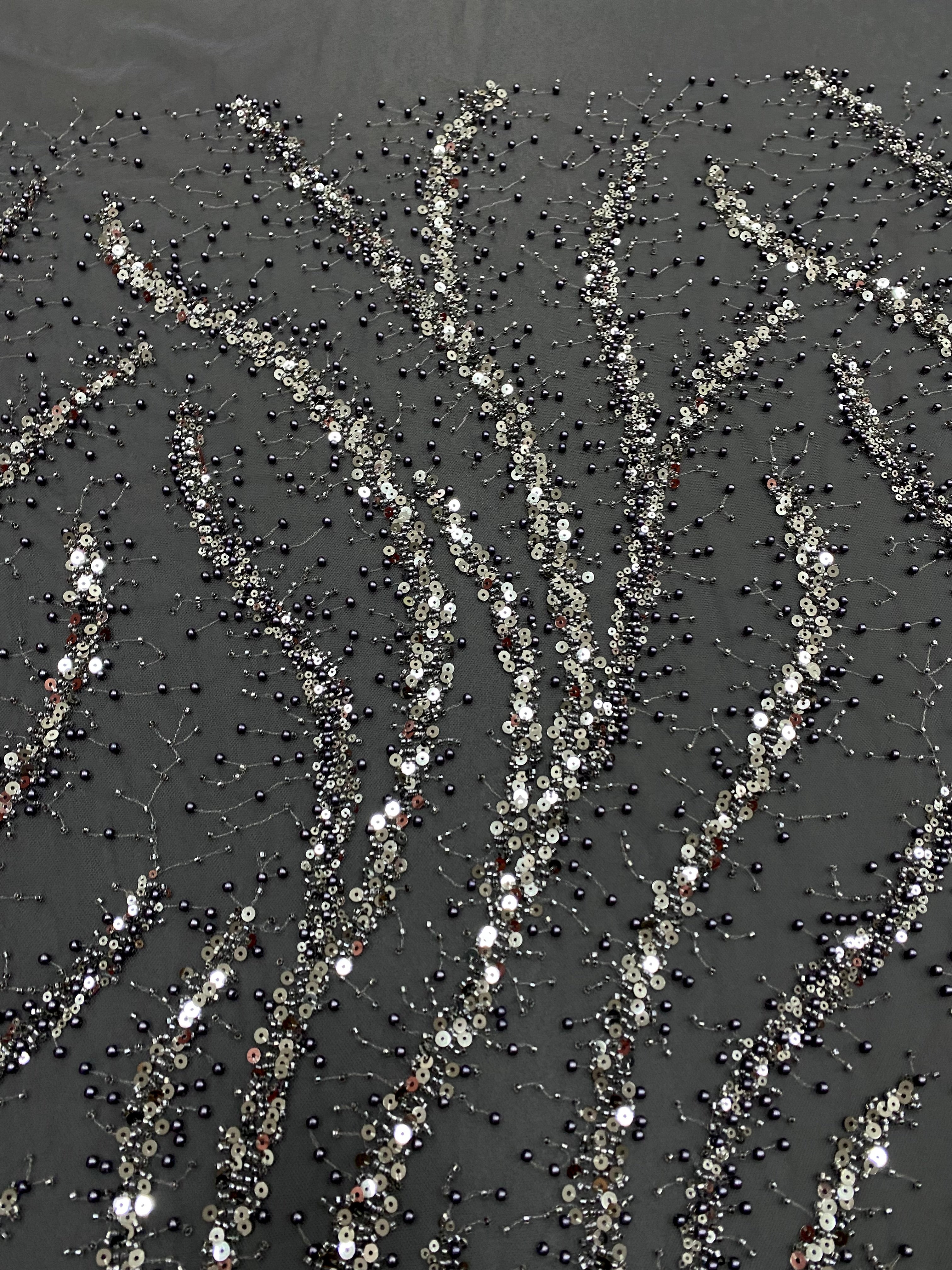 Silver Lace with Linear Pattern, with Pearls and Sequins